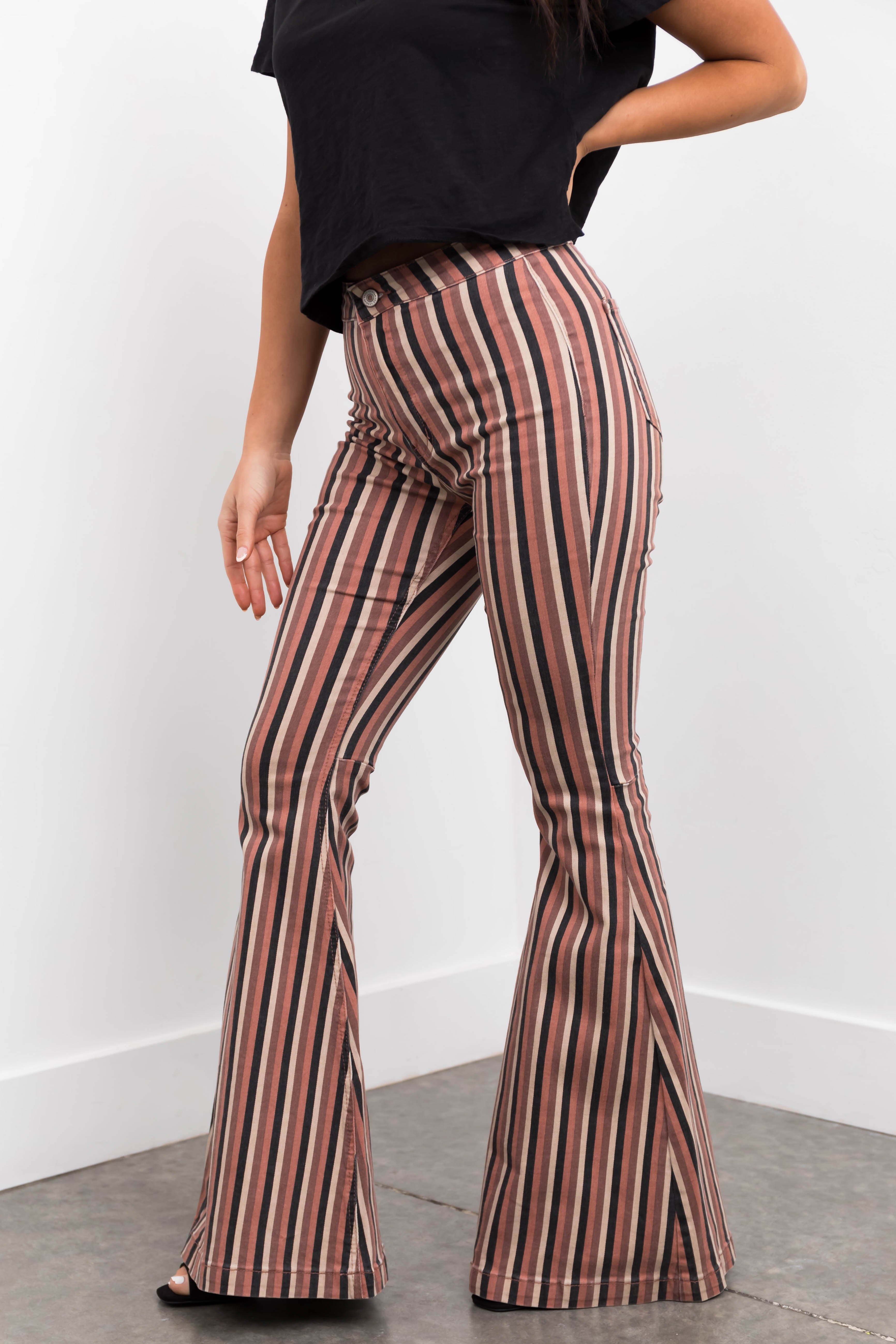 KanCan Rose Taupe Striped Super Flare Jeans-Newayad