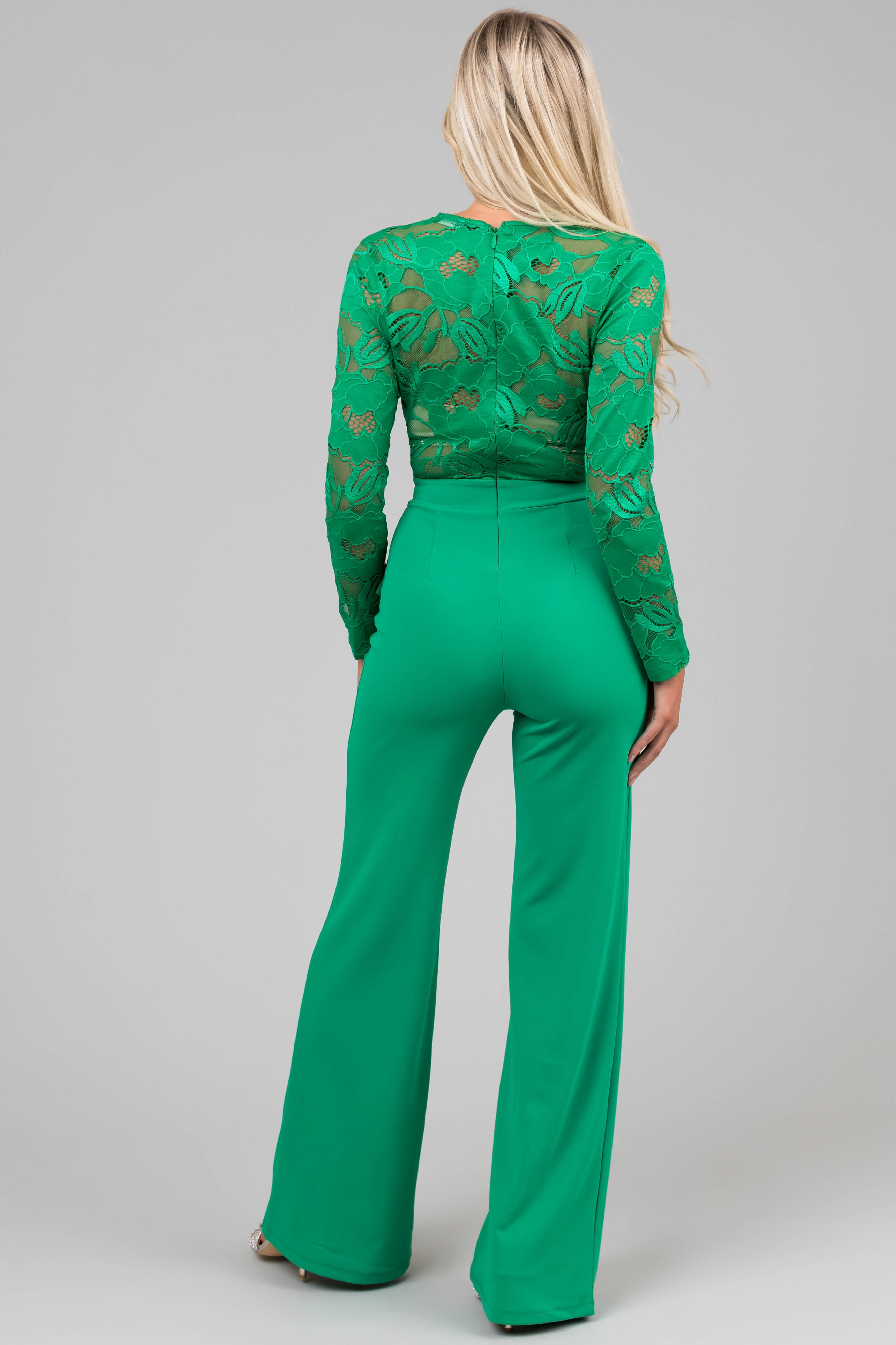Kelly Green Deep V Lace Belted Jumpsuit-Newayad