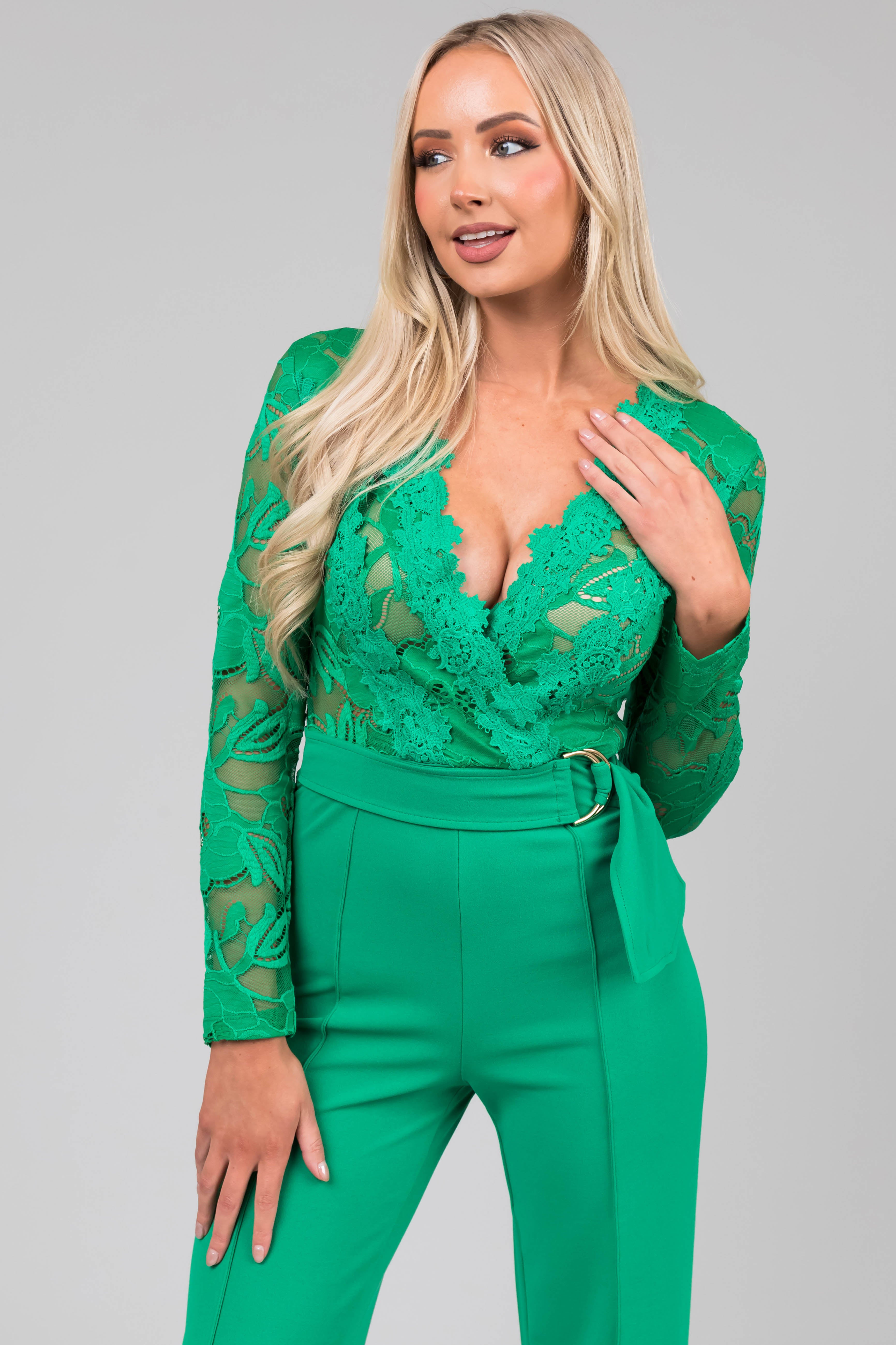 Kelly Green Deep V Lace Belted Jumpsuit-Newayad