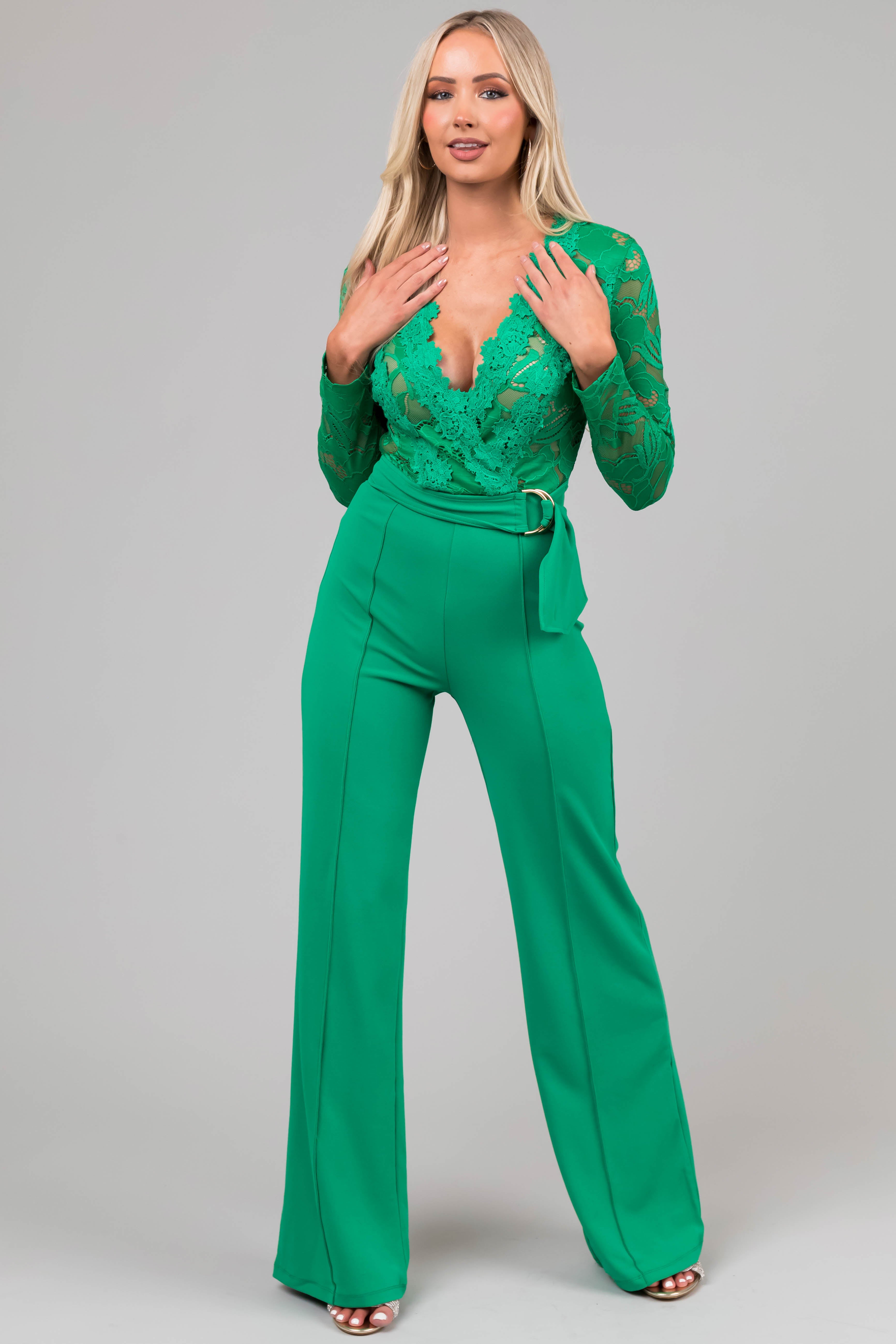 Kelly Green Deep V Lace Belted Jumpsuit-Newayad