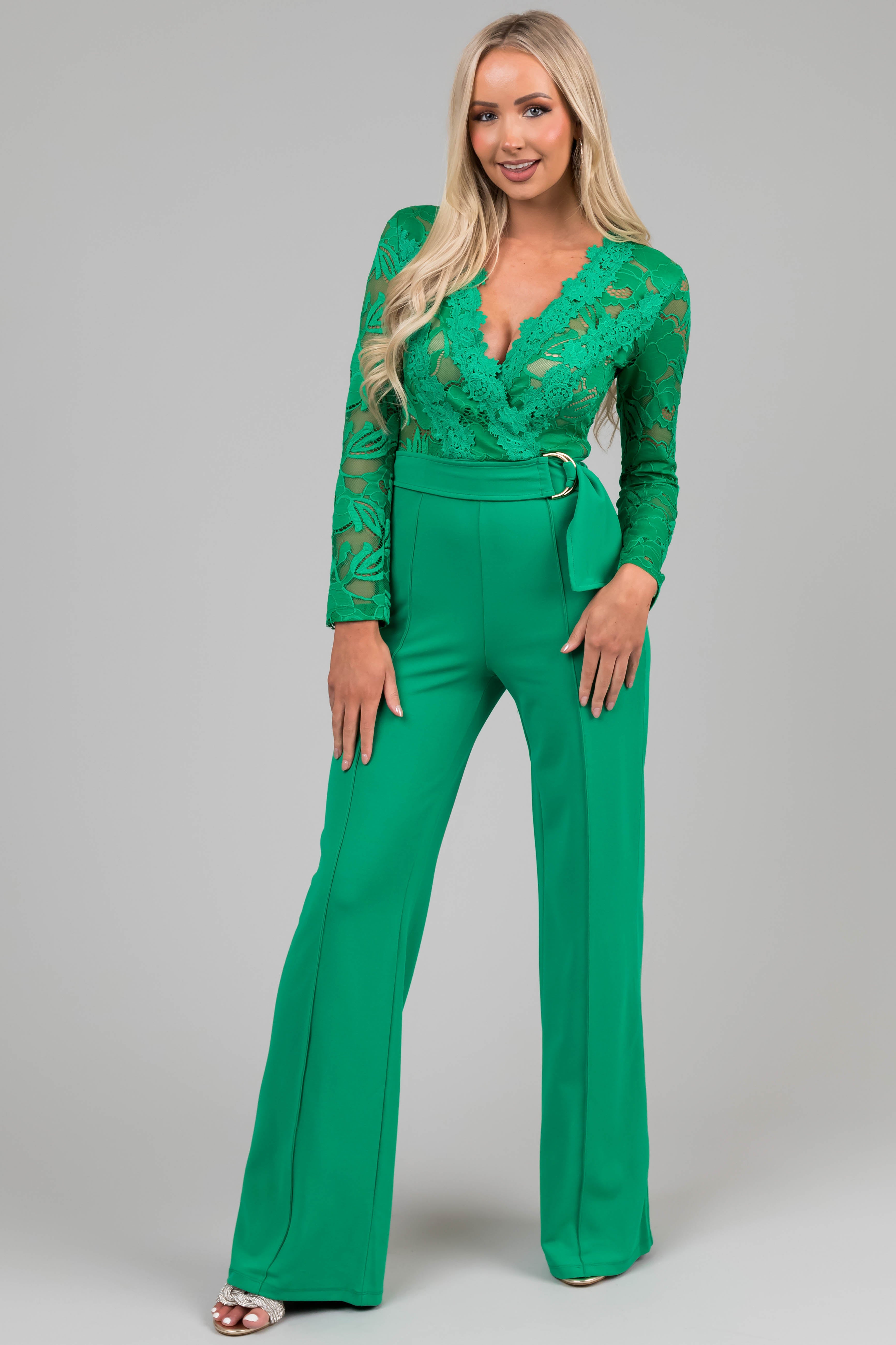 Kelly Green Deep V Lace Belted Jumpsuit-Newayad