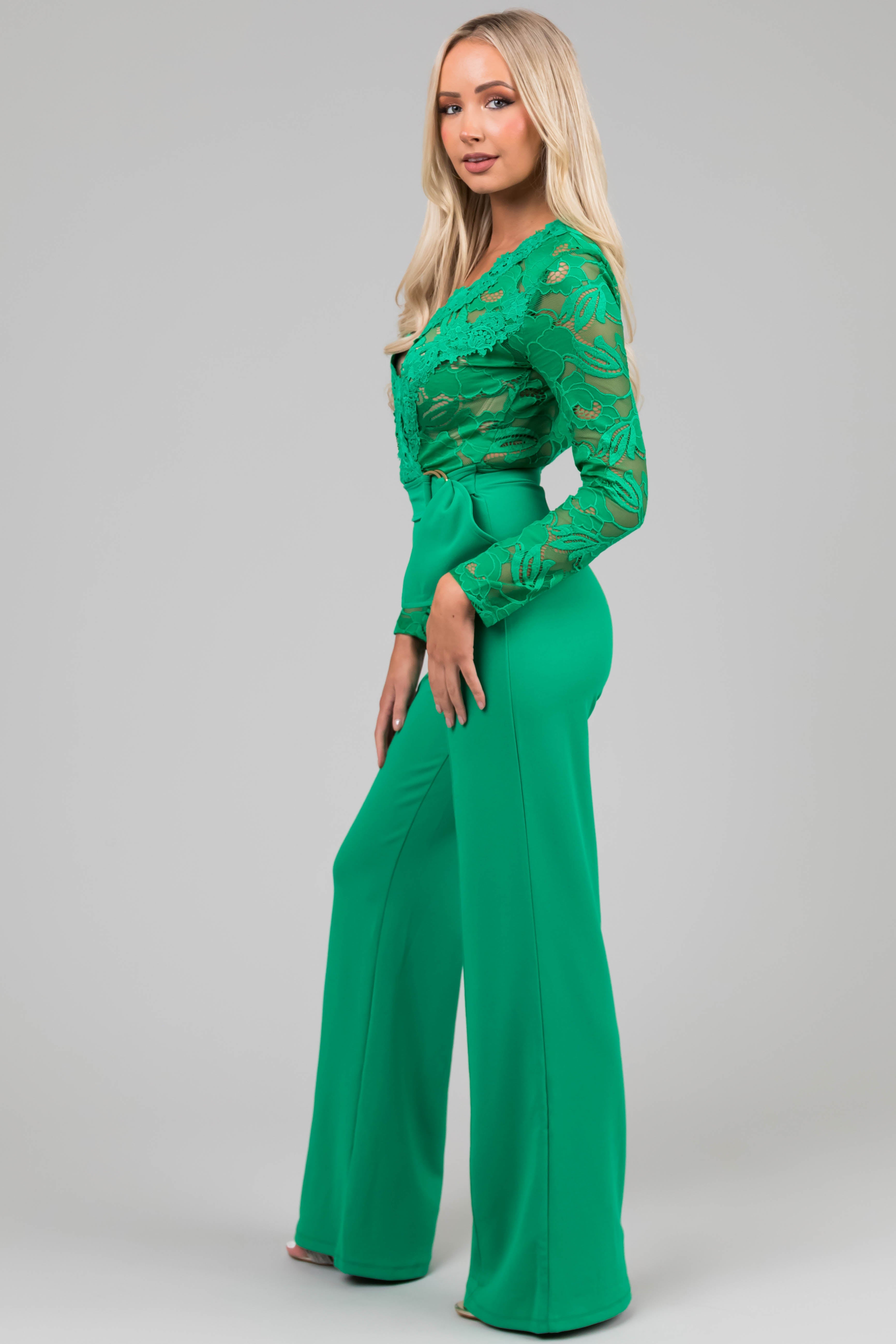 Kelly Green Deep V Lace Belted Jumpsuit-Newayad