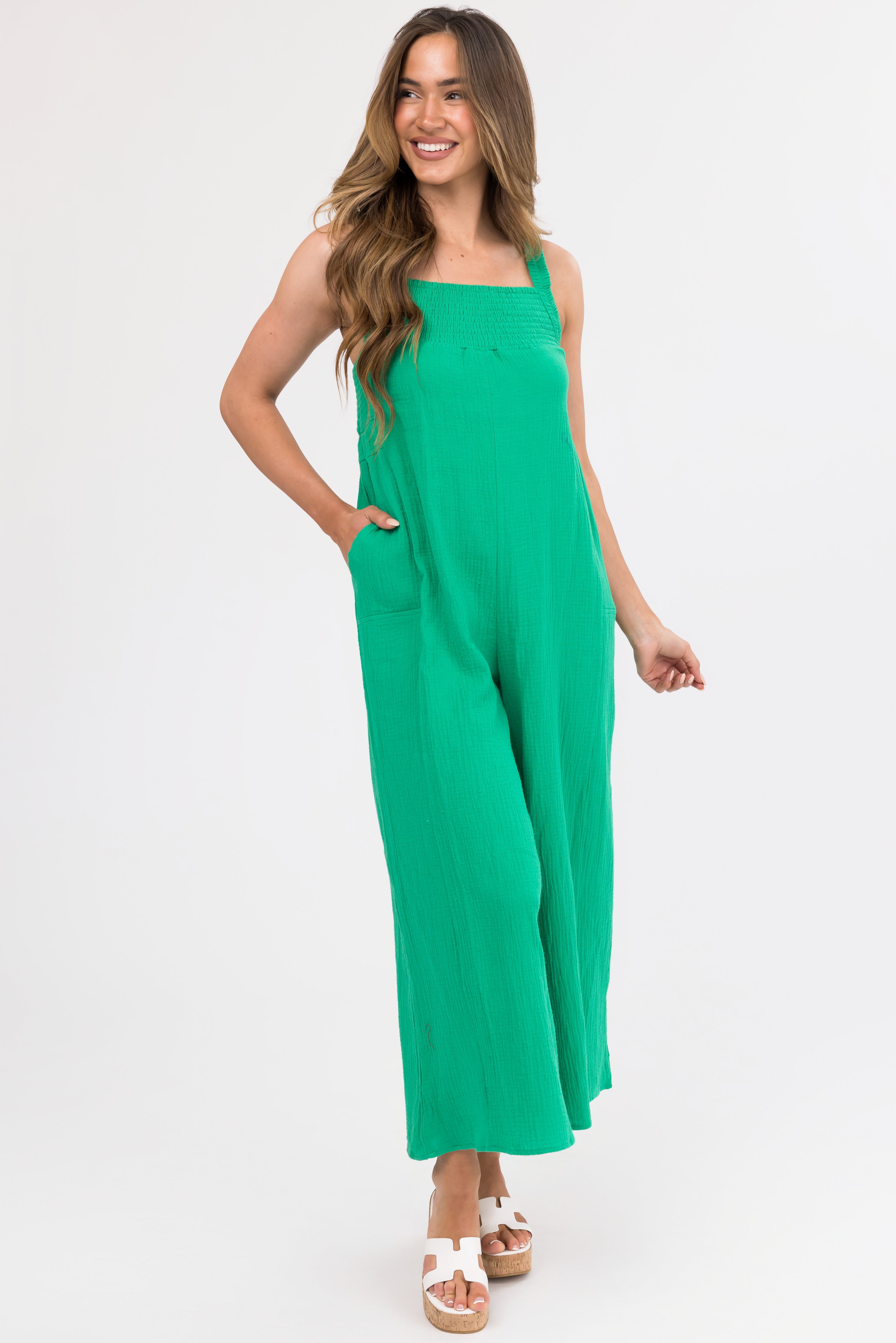 Kelly Green Sleeveless Wide Leg Jumpsuit-Newayad