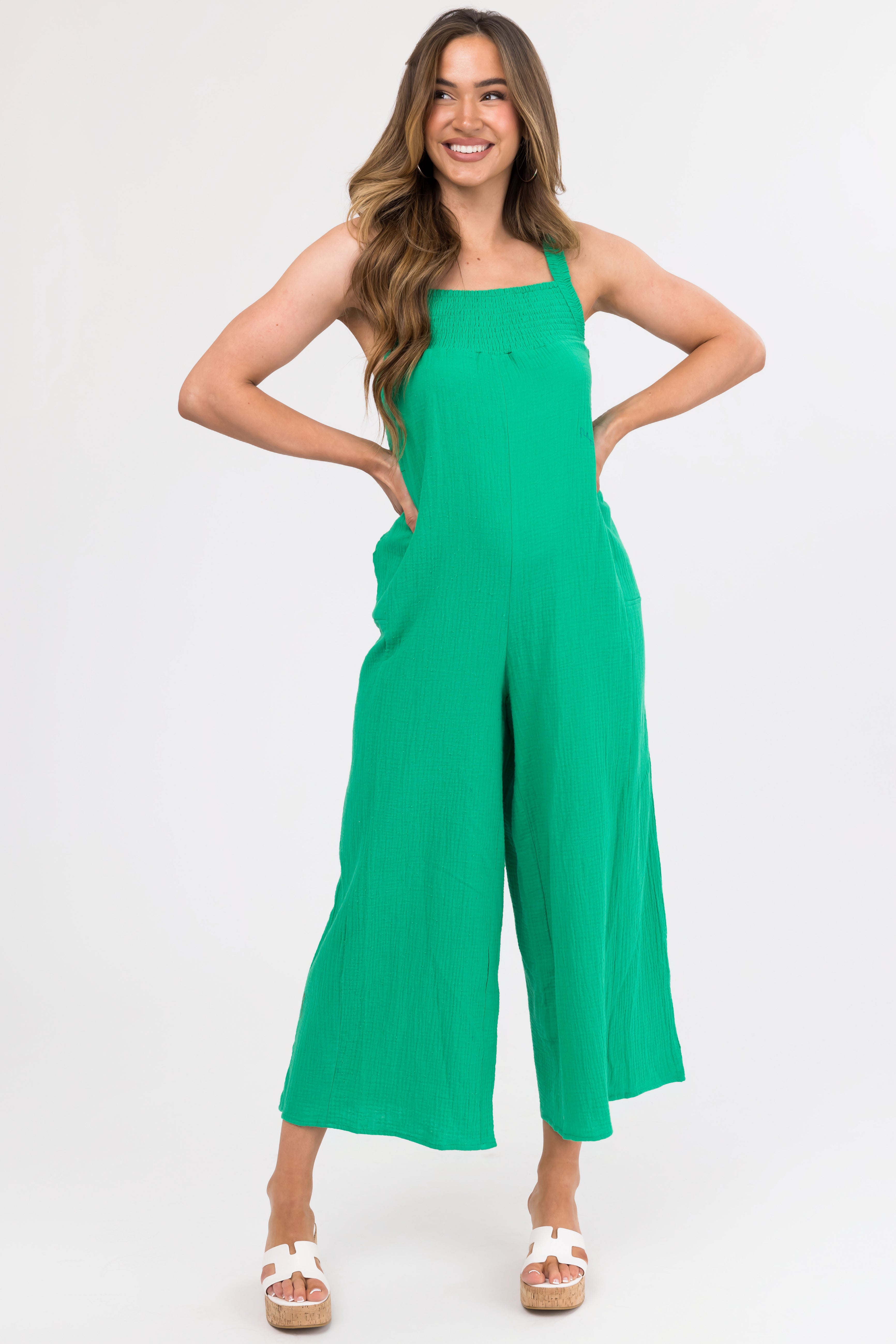 Kelly Green Sleeveless Wide Leg Jumpsuit-Newayad