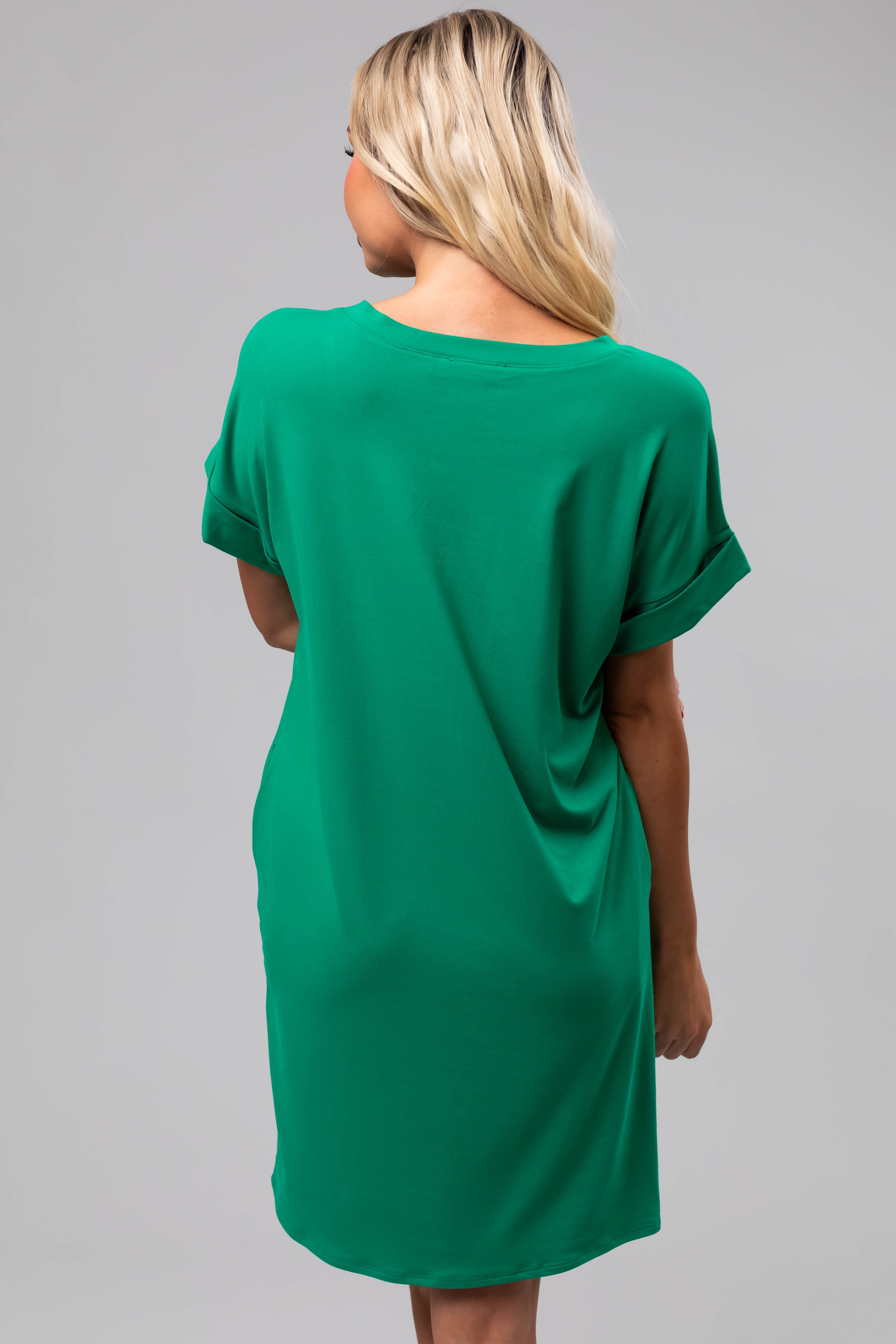 Kelly Green Soft V Neck Short Sleeve Mini Dress-Newayad