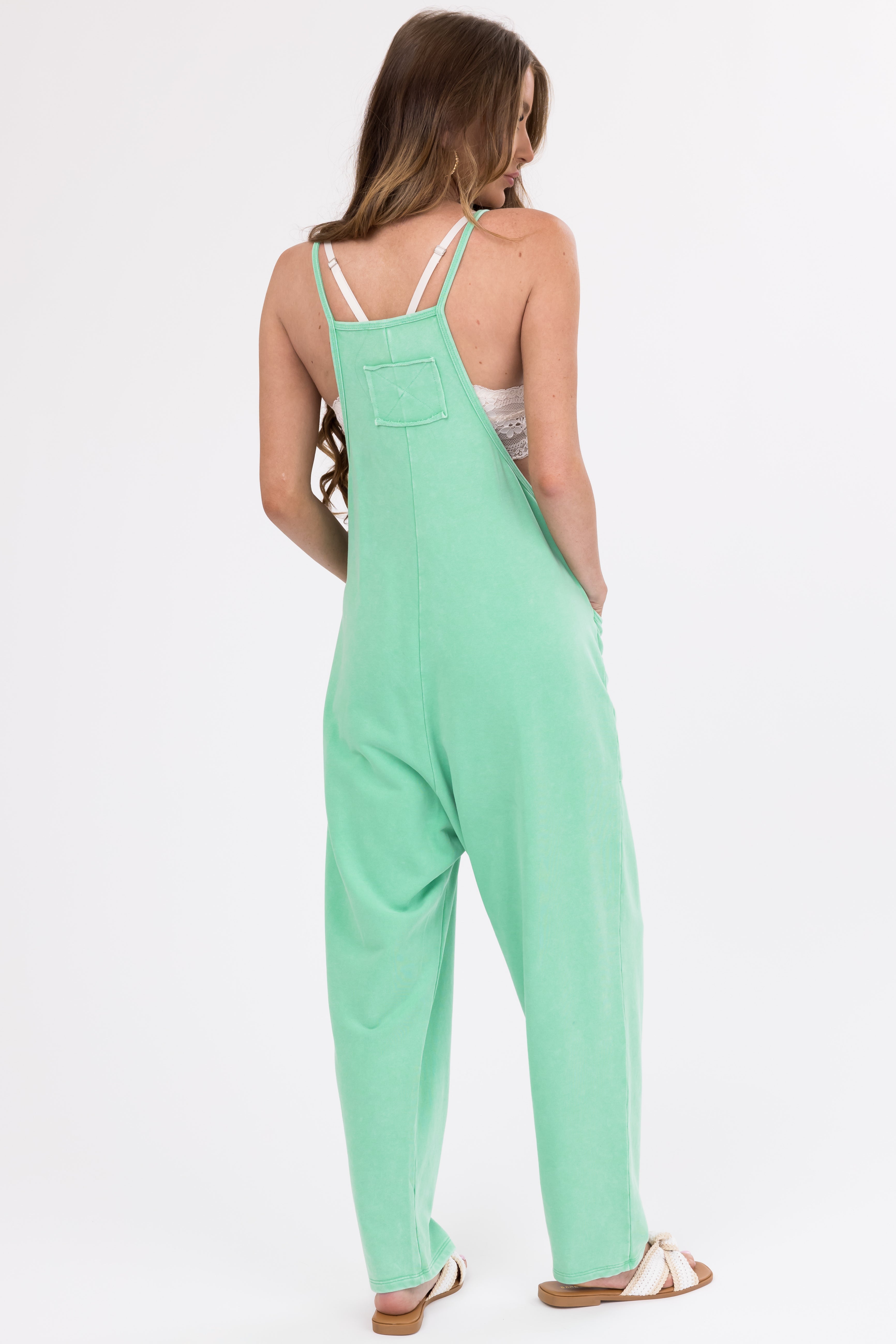 Kelly Green Washed Sleeveless Relaxed Fit Jumpsuit-Newayad