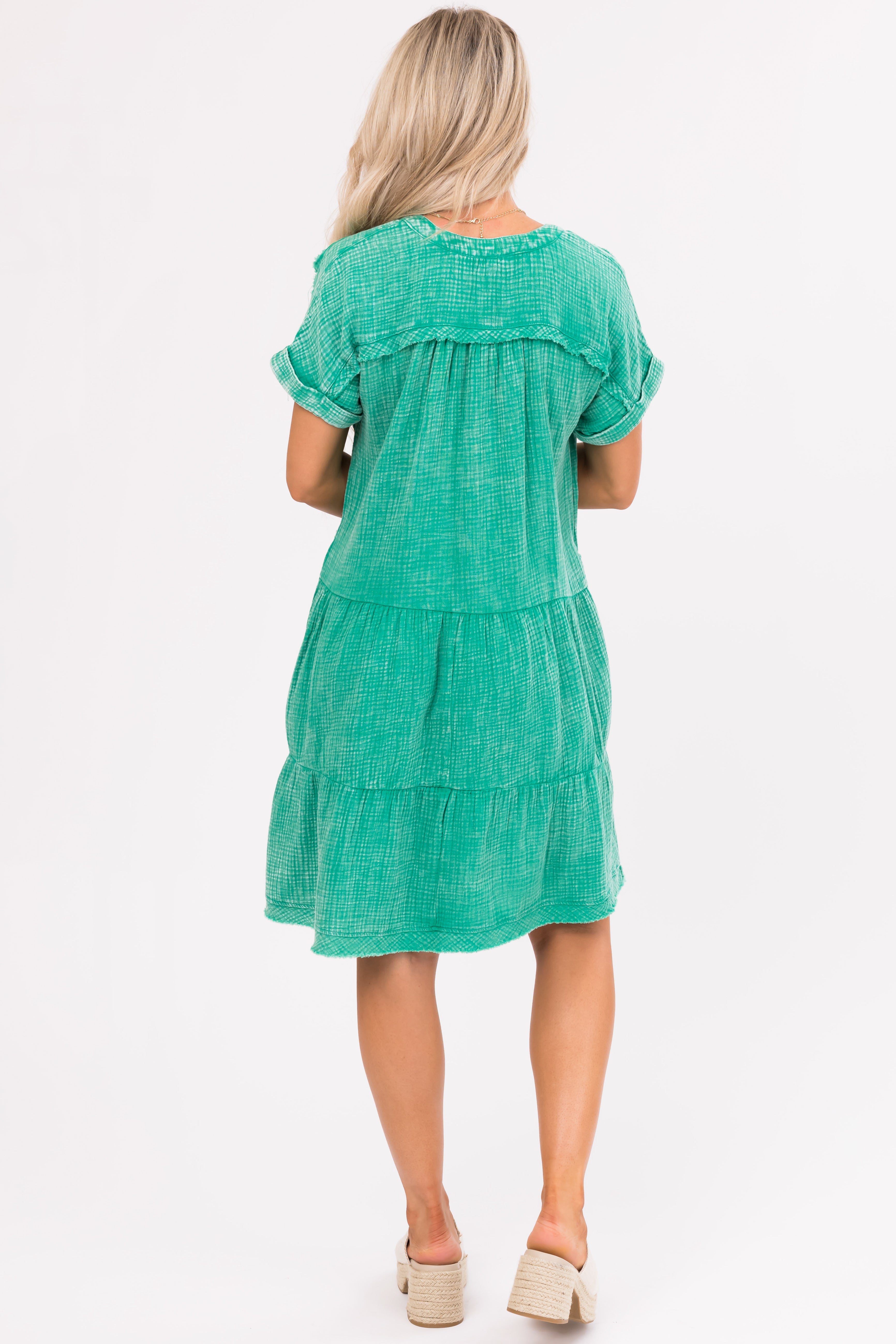 Kelly Green Washed Tiered V Neck Mini Dress-Newayad