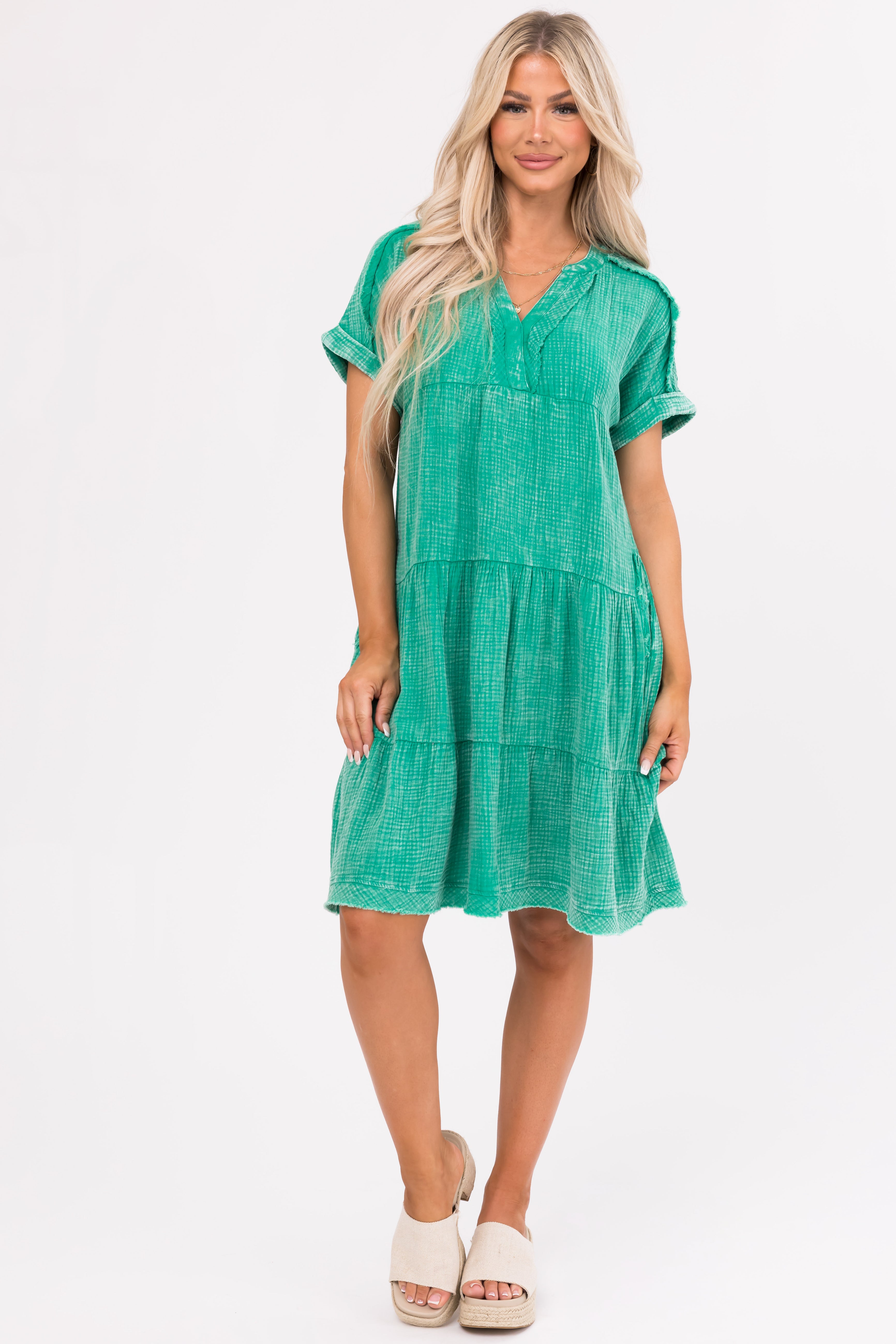 Kelly Green Washed Tiered V Neck Mini Dress-Newayad