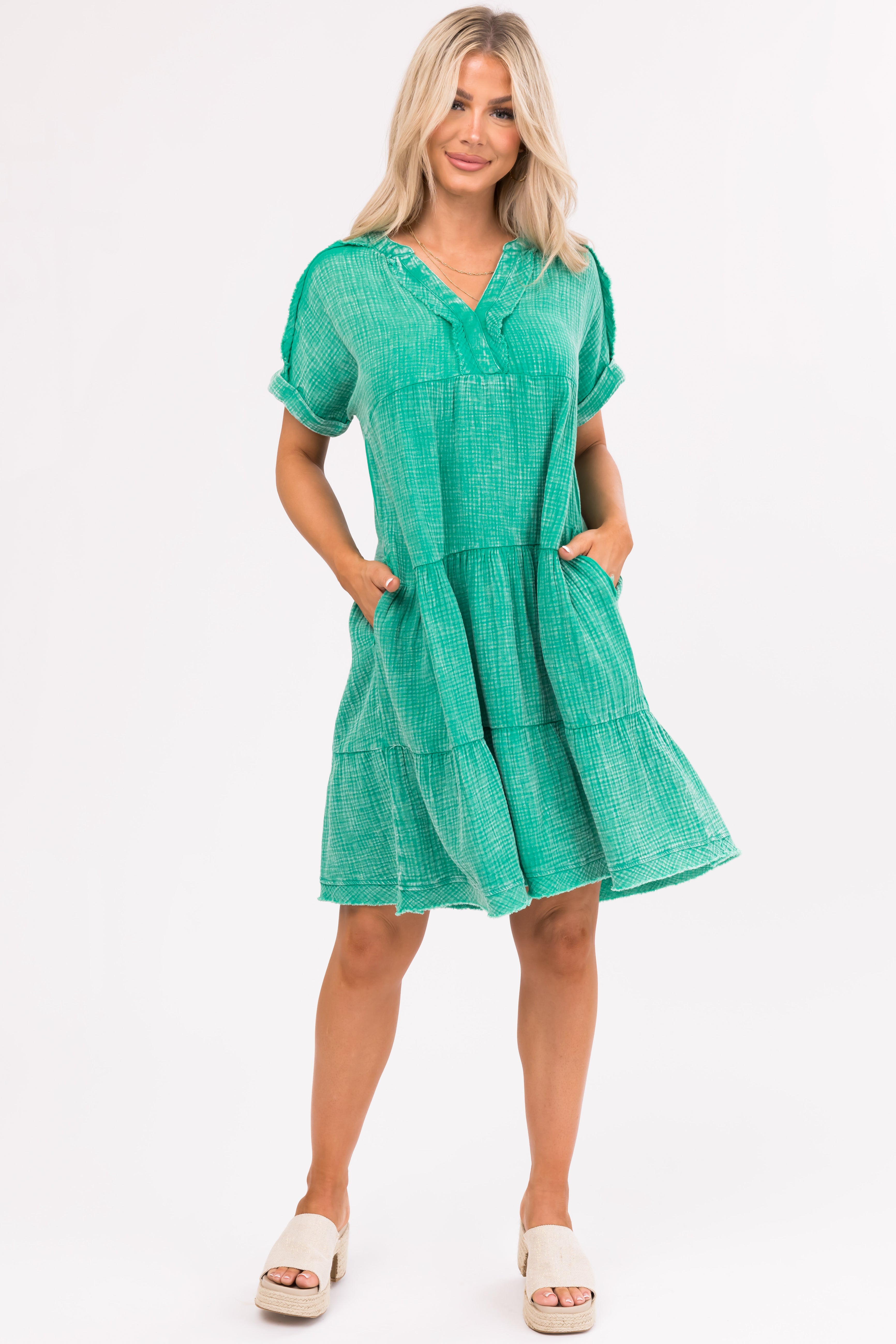 Kelly Green Washed Tiered V Neck Mini Dress-Newayad
