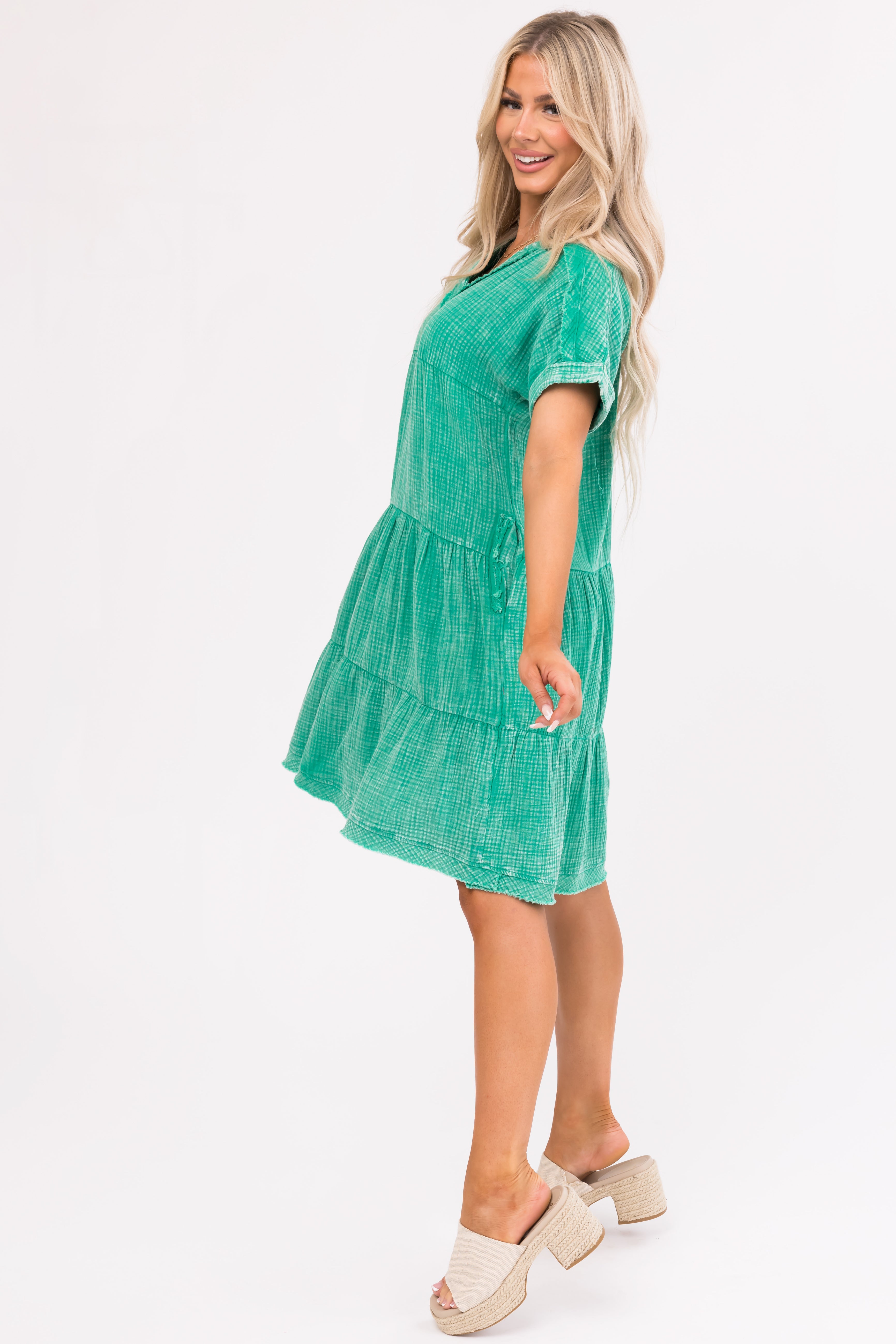 Kelly Green Washed Tiered V Neck Mini Dress-Newayad