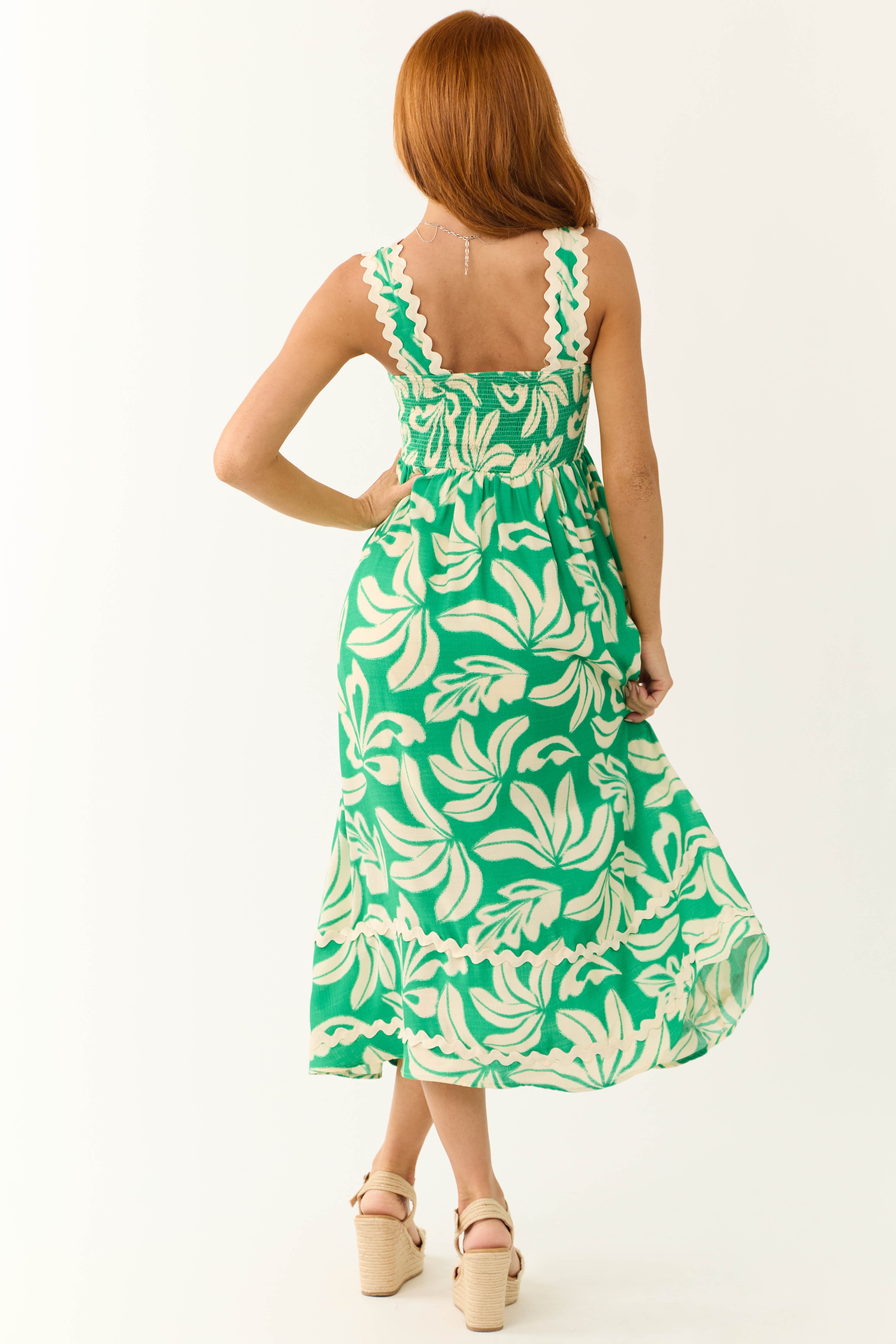 Kelly Green and Cream Tropical Leaf Print Midi Dress-Newayad