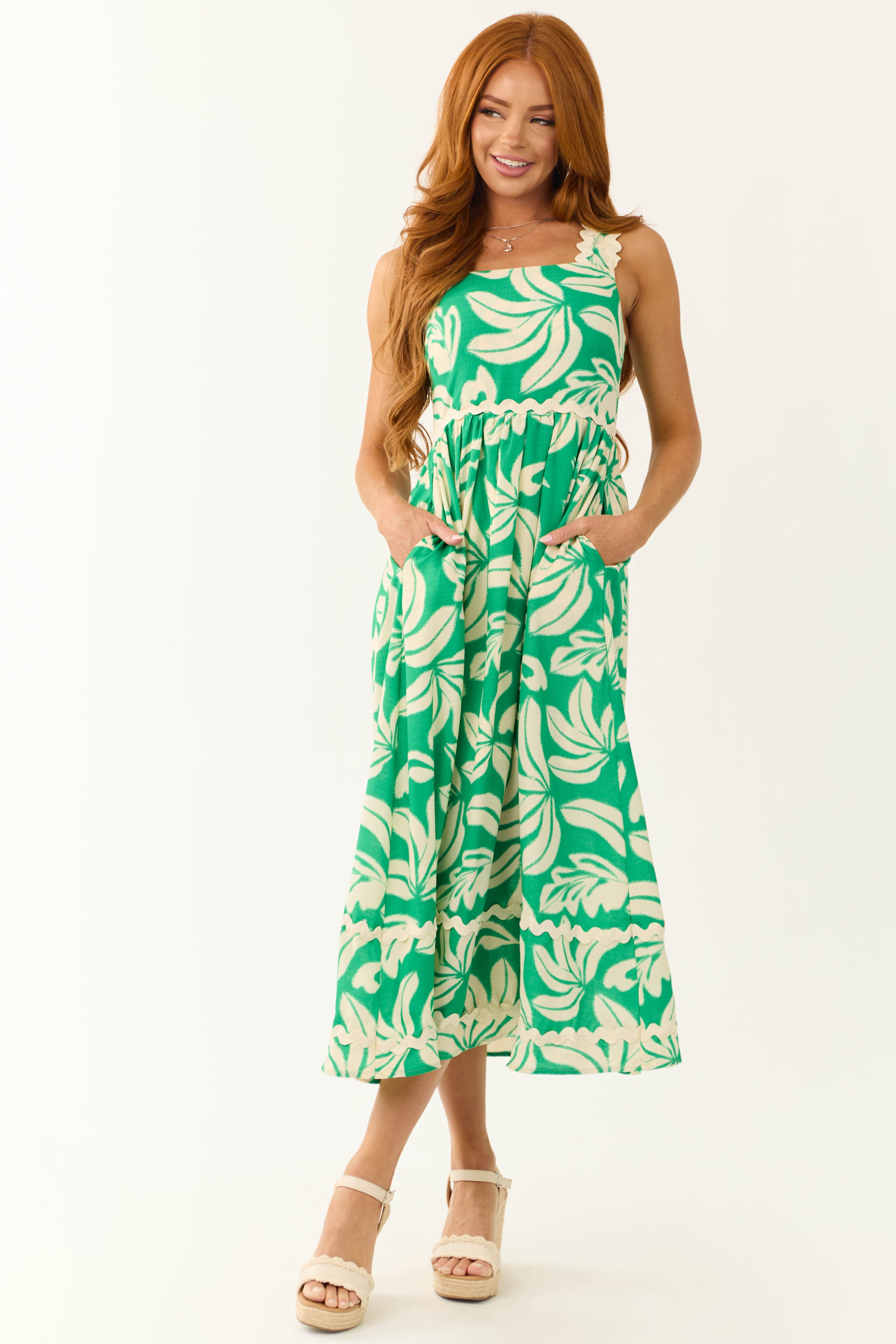 Kelly Green and Cream Tropical Leaf Print Midi Dress-Newayad