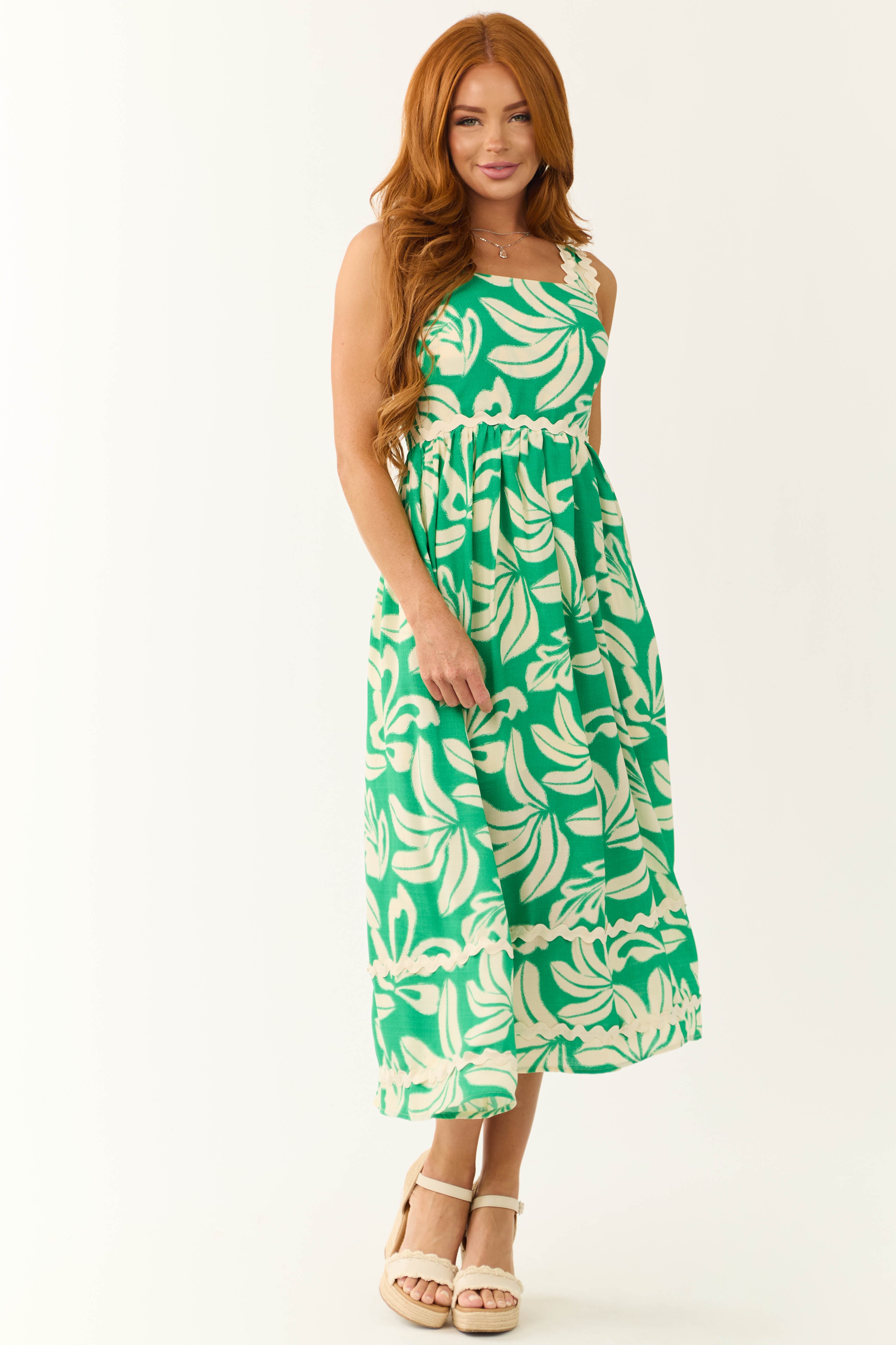 Kelly Green and Cream Tropical Leaf Print Midi Dress-Newayad