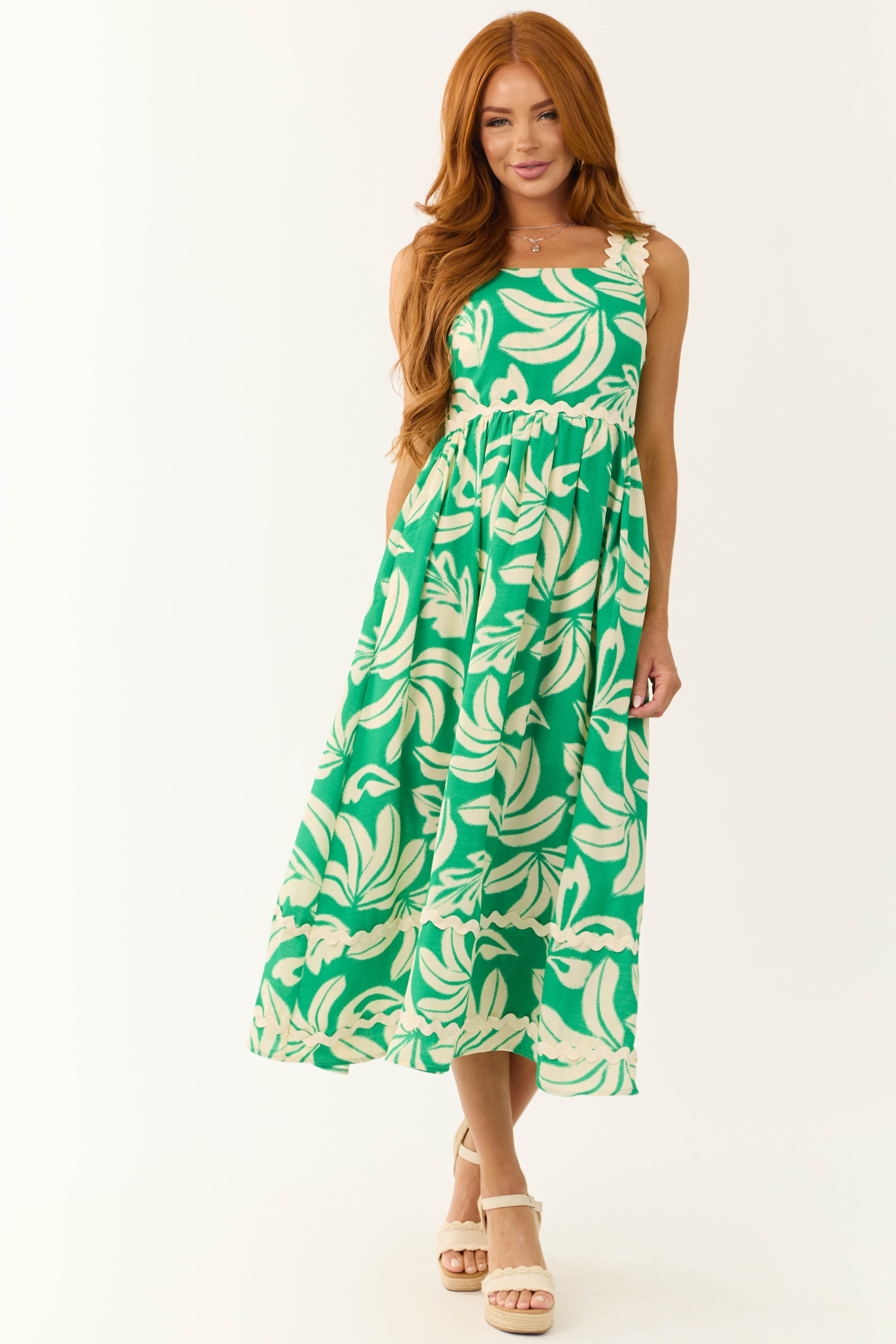 Kelly Green and Cream Tropical Leaf Print Midi Dress-Newayad