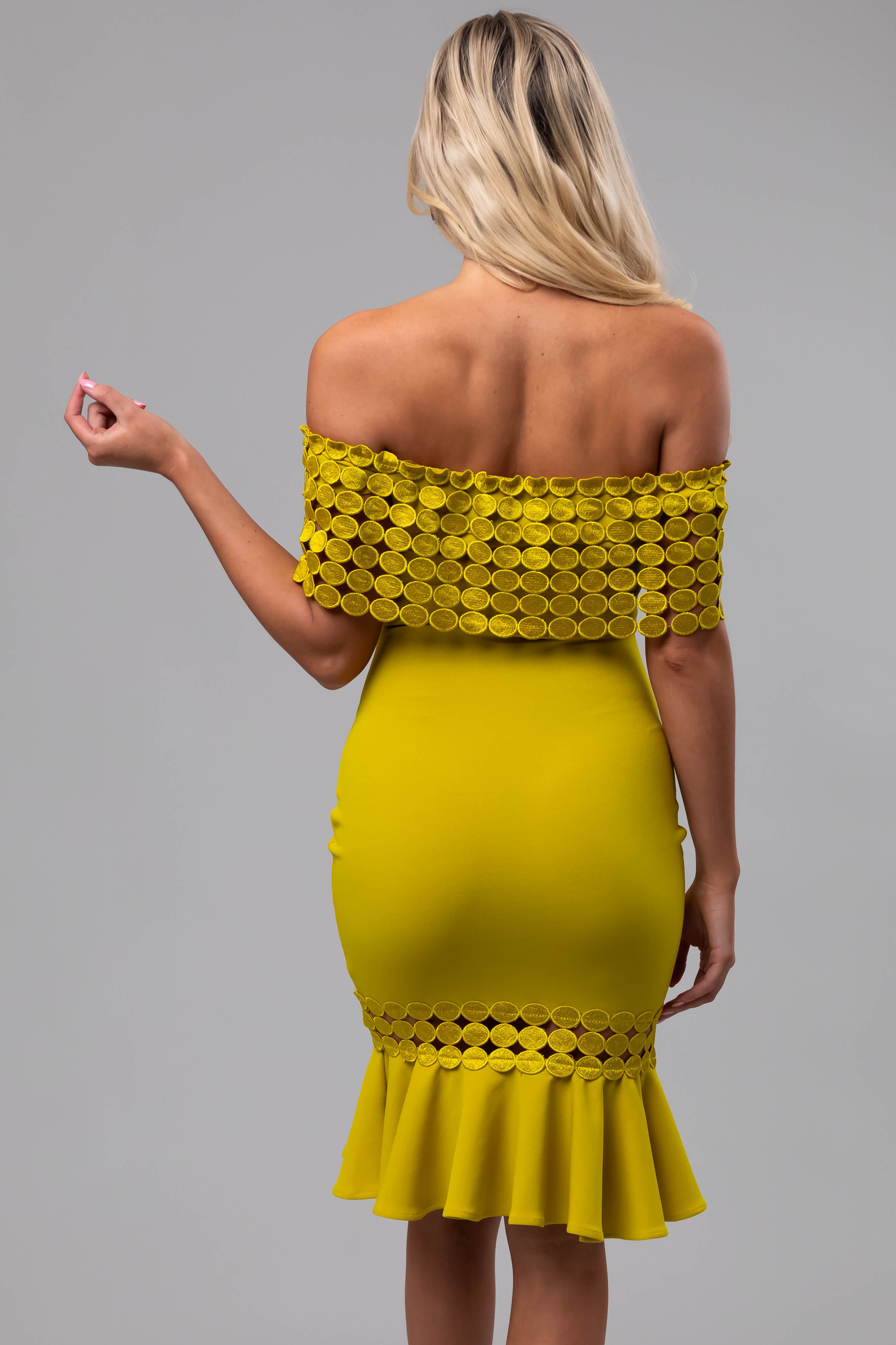 Key Lime Off Shoulder Circle Crochet Midi Dress-Newayad