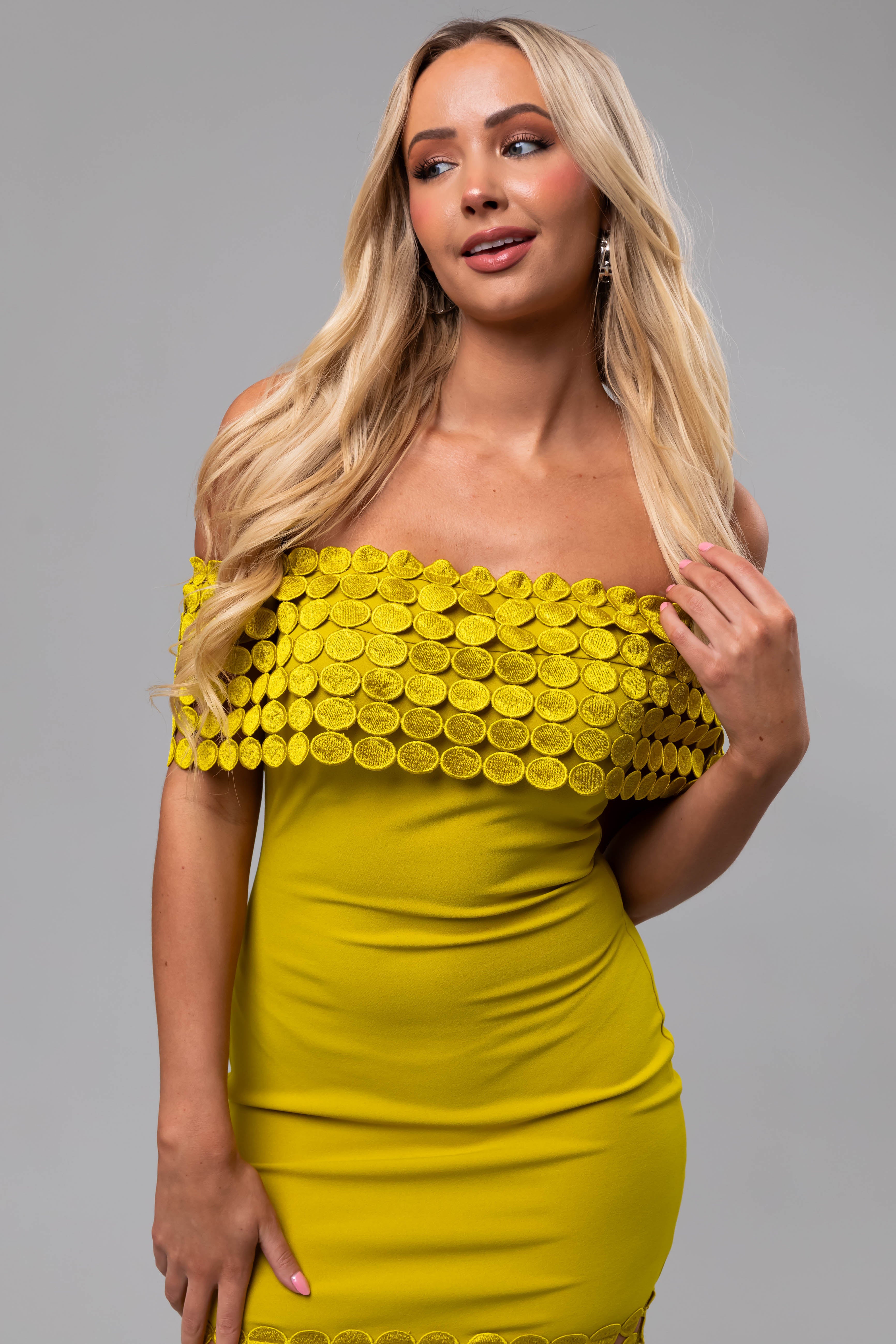 Key Lime Off Shoulder Circle Crochet Midi Dress-Newayad
