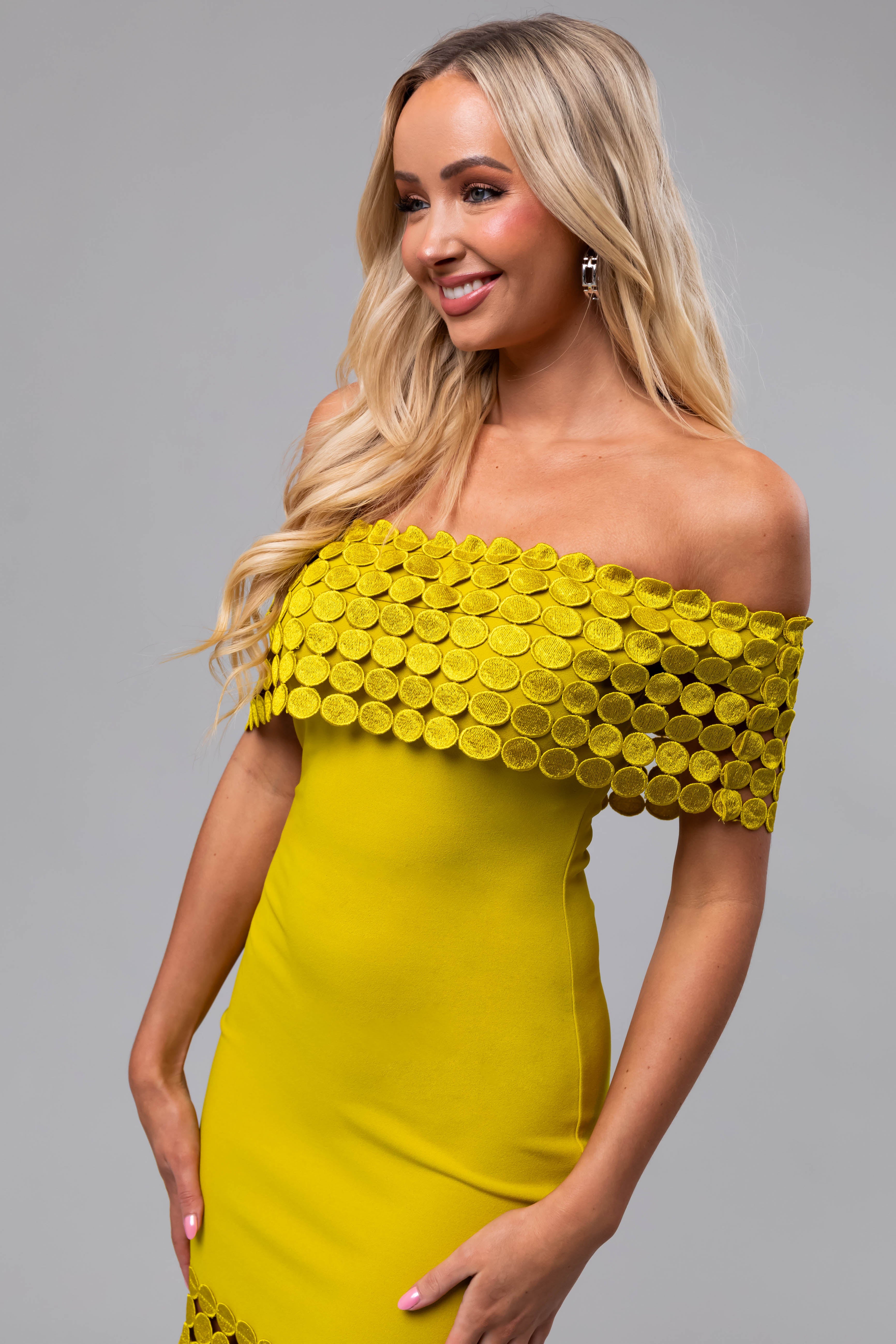Key Lime Off Shoulder Circle Crochet Midi Dress-Newayad