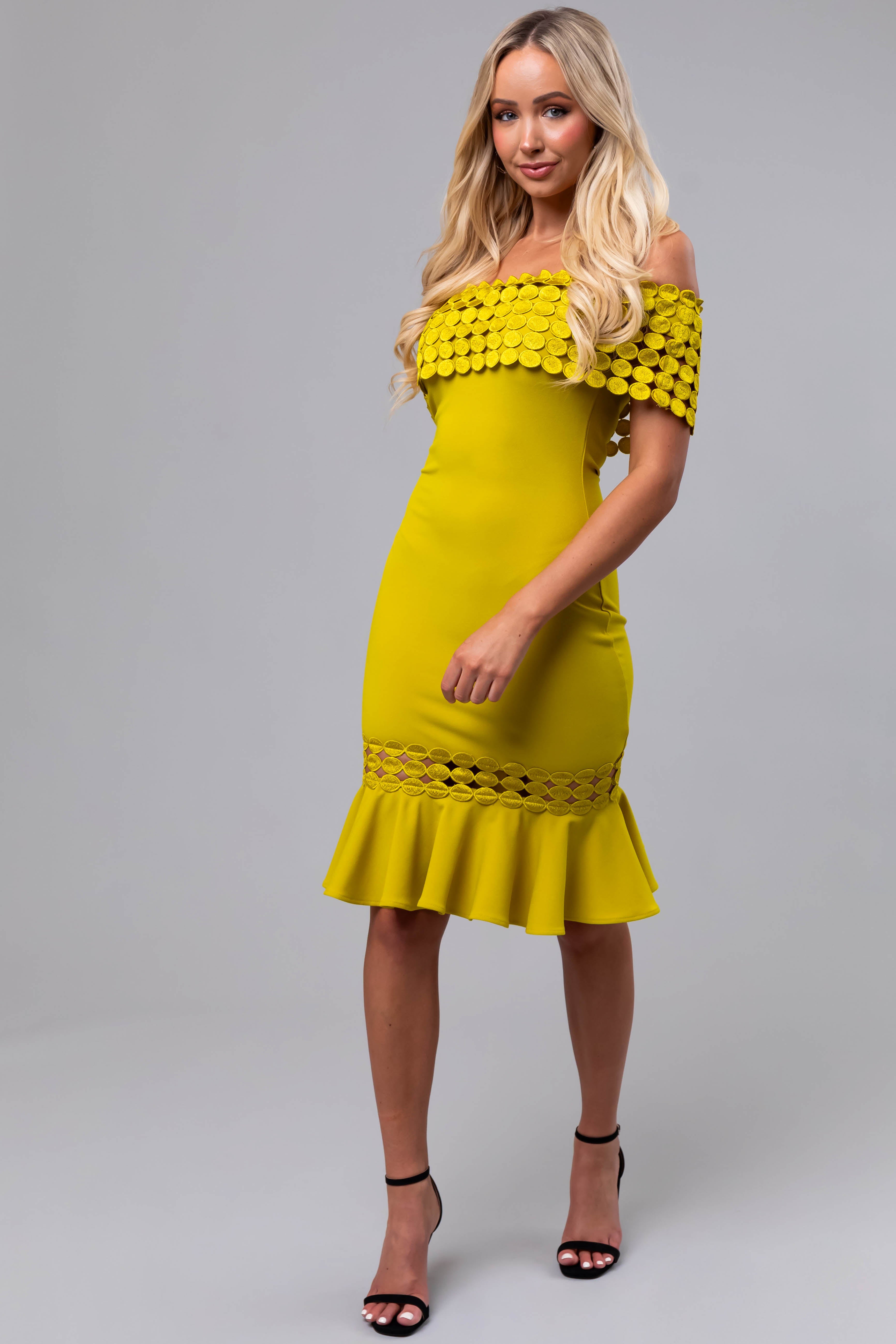 Key Lime Off Shoulder Circle Crochet Midi Dress-Newayad