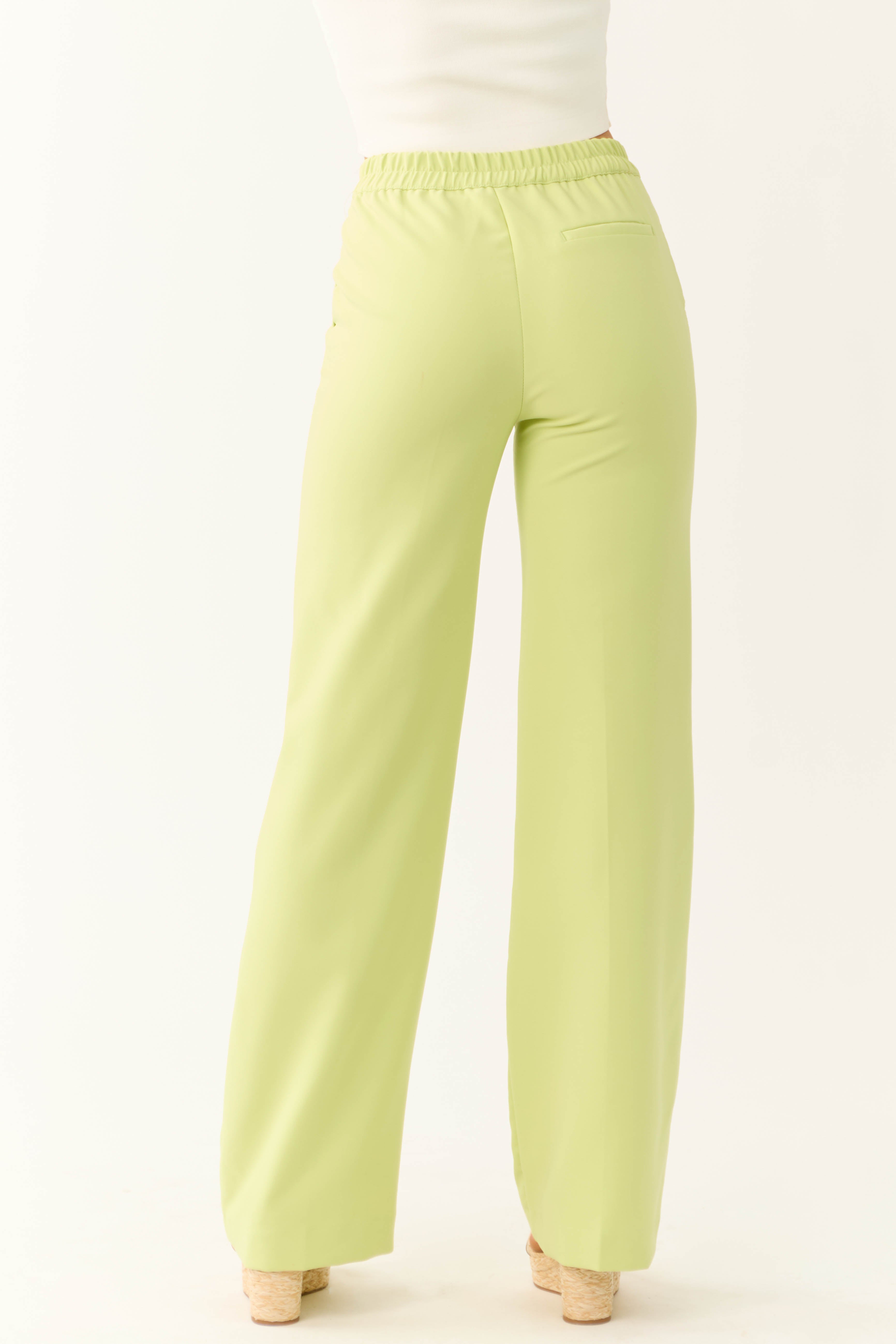 Key Lime Wide Leg Elastic Waist Woven Pants-Newayad