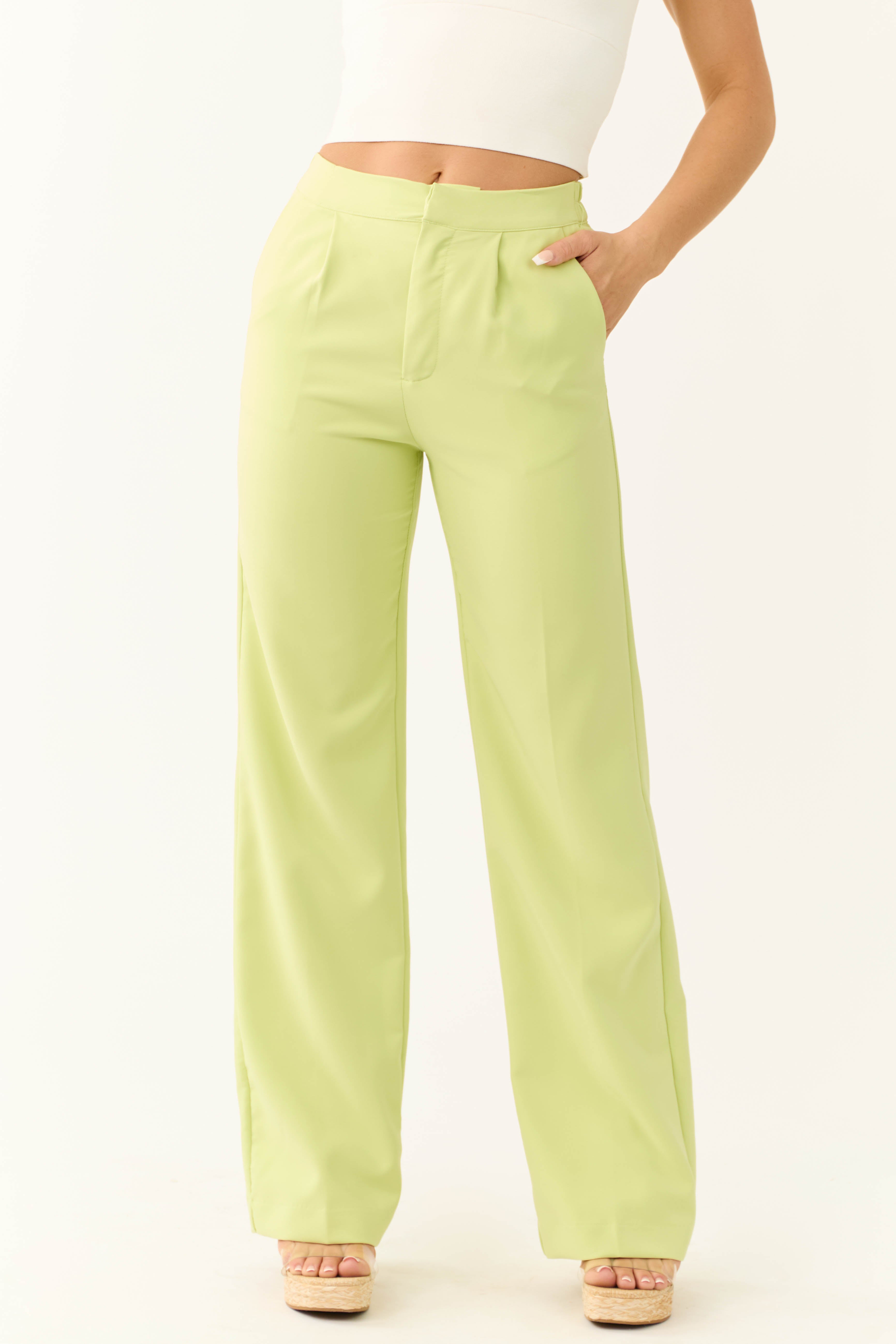 Key Lime Wide Leg Elastic Waist Woven Pants-Newayad