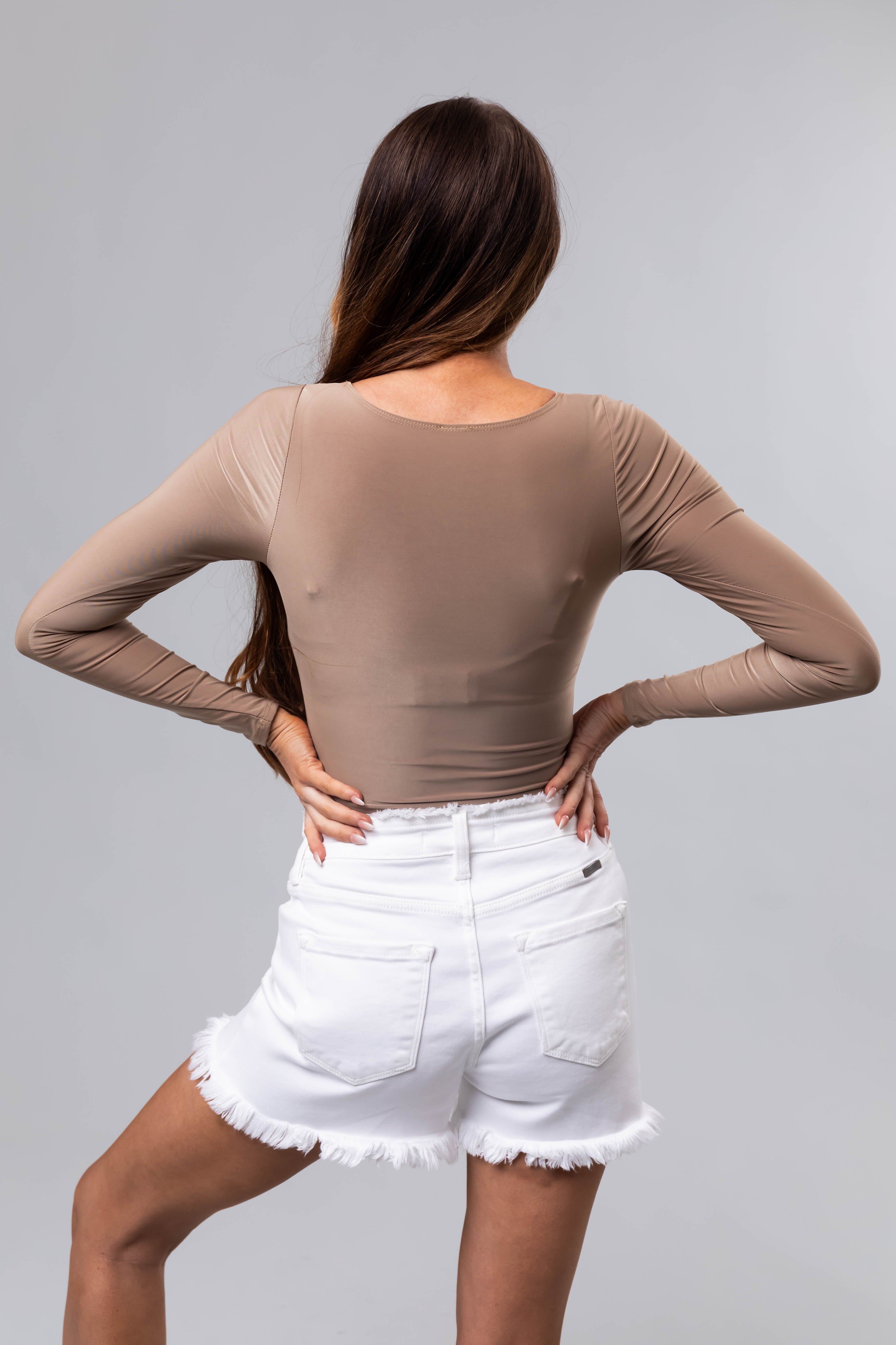 Khaki Square Neck Long Sleeve Solid Bodysuit-Newayad