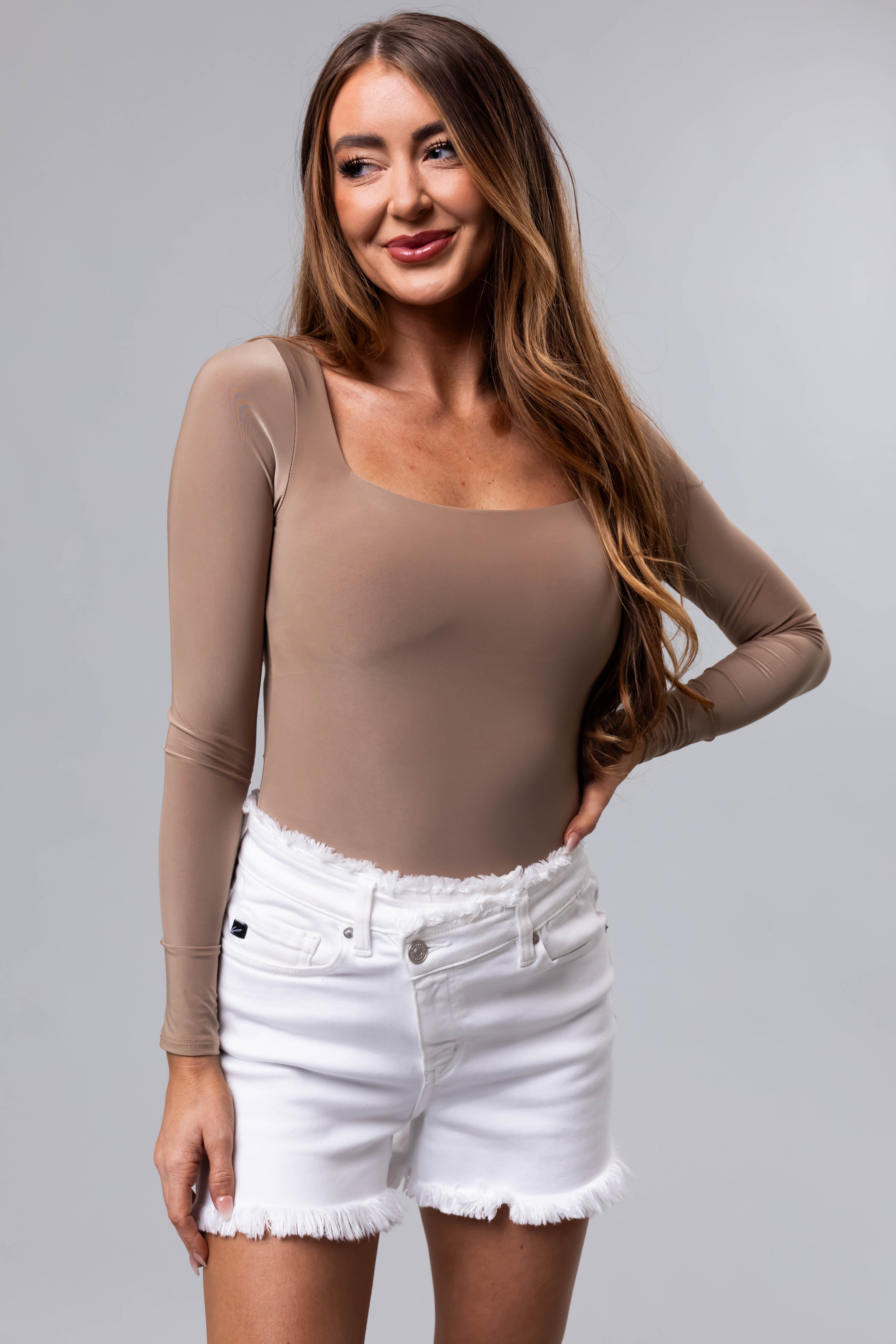 Khaki Square Neck Long Sleeve Solid Bodysuit-Newayad