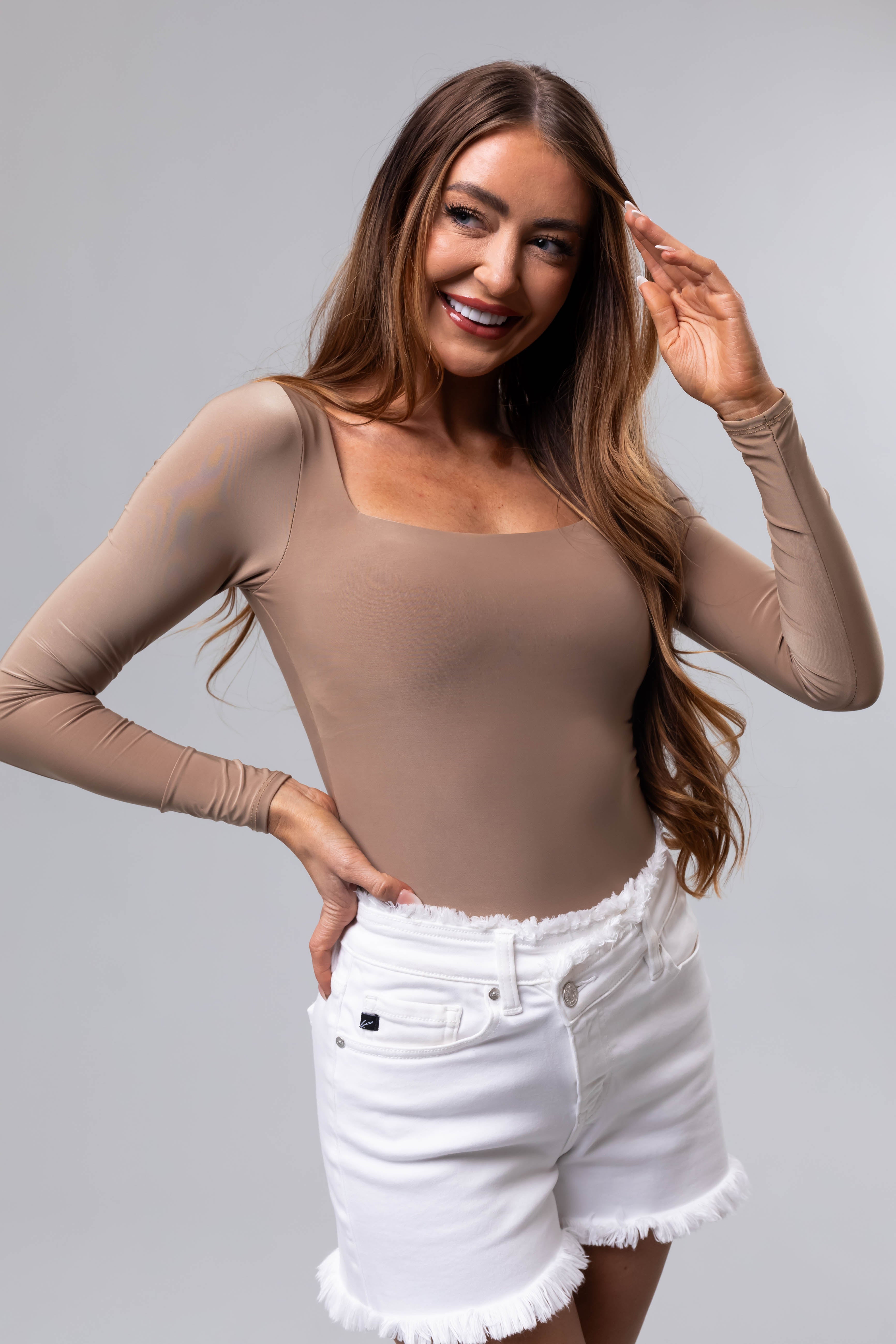Khaki Square Neck Long Sleeve Solid Bodysuit-Newayad