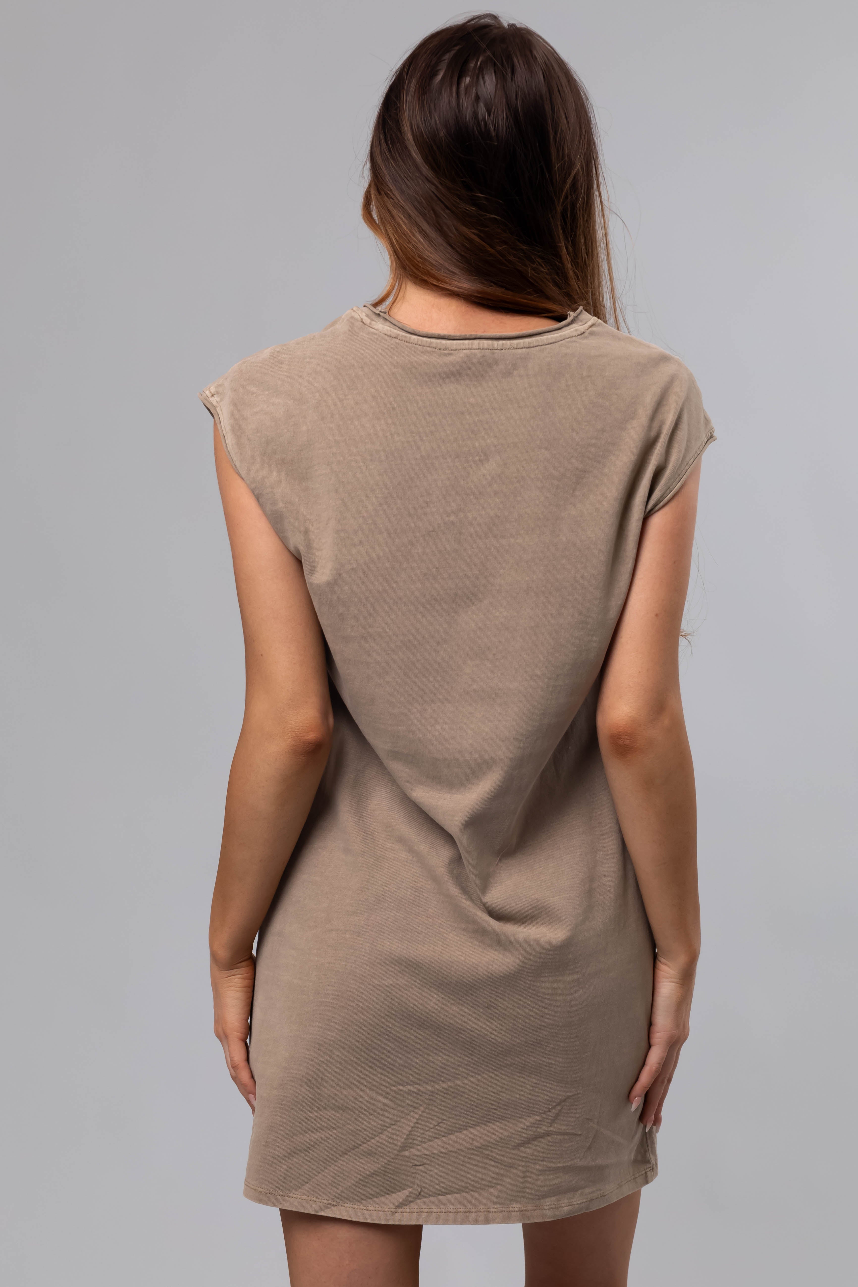 Khaki Washed Cap Sleeve Cotton Shift Dress-Newayad