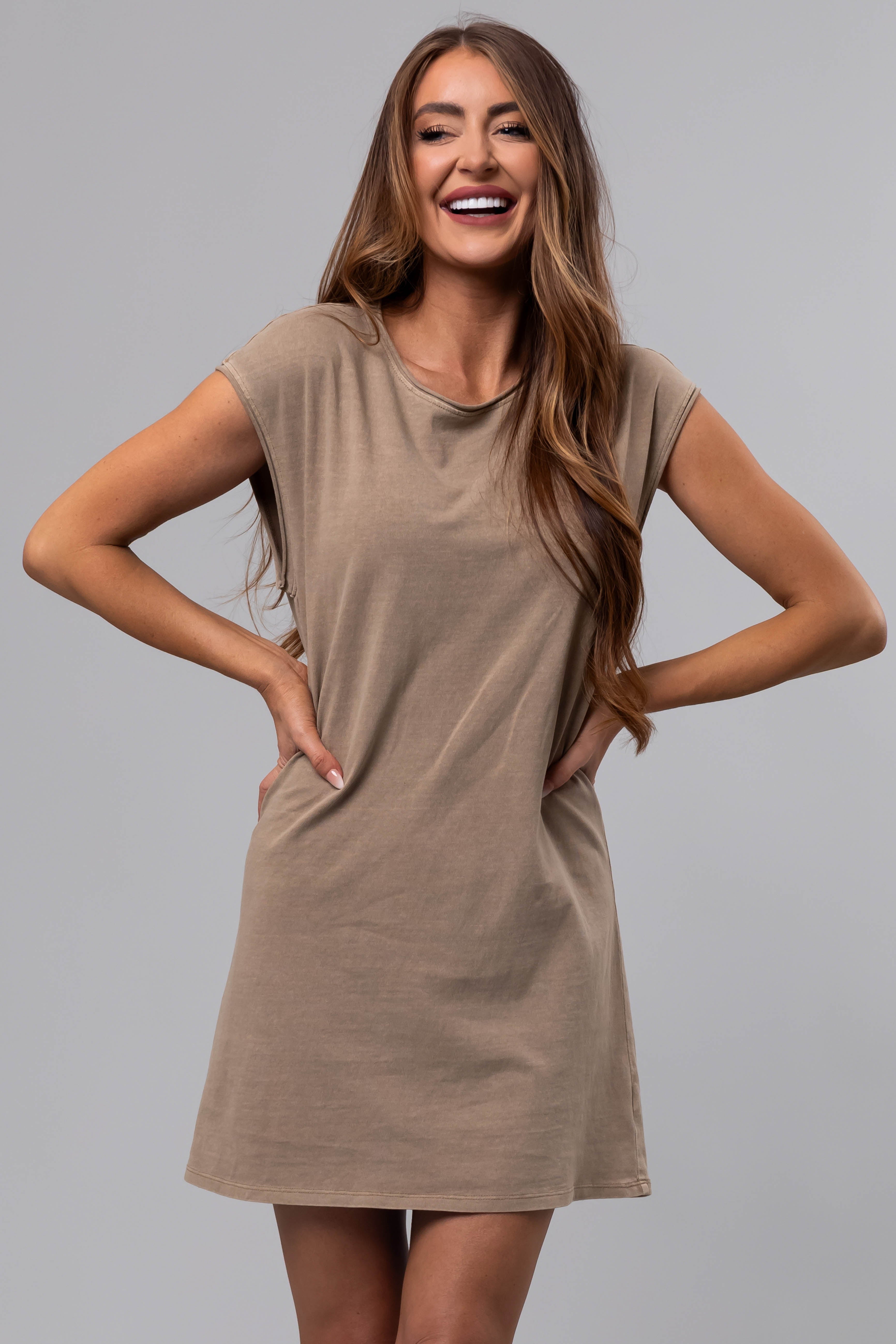 Khaki Washed Cap Sleeve Cotton Shift Dress-Newayad