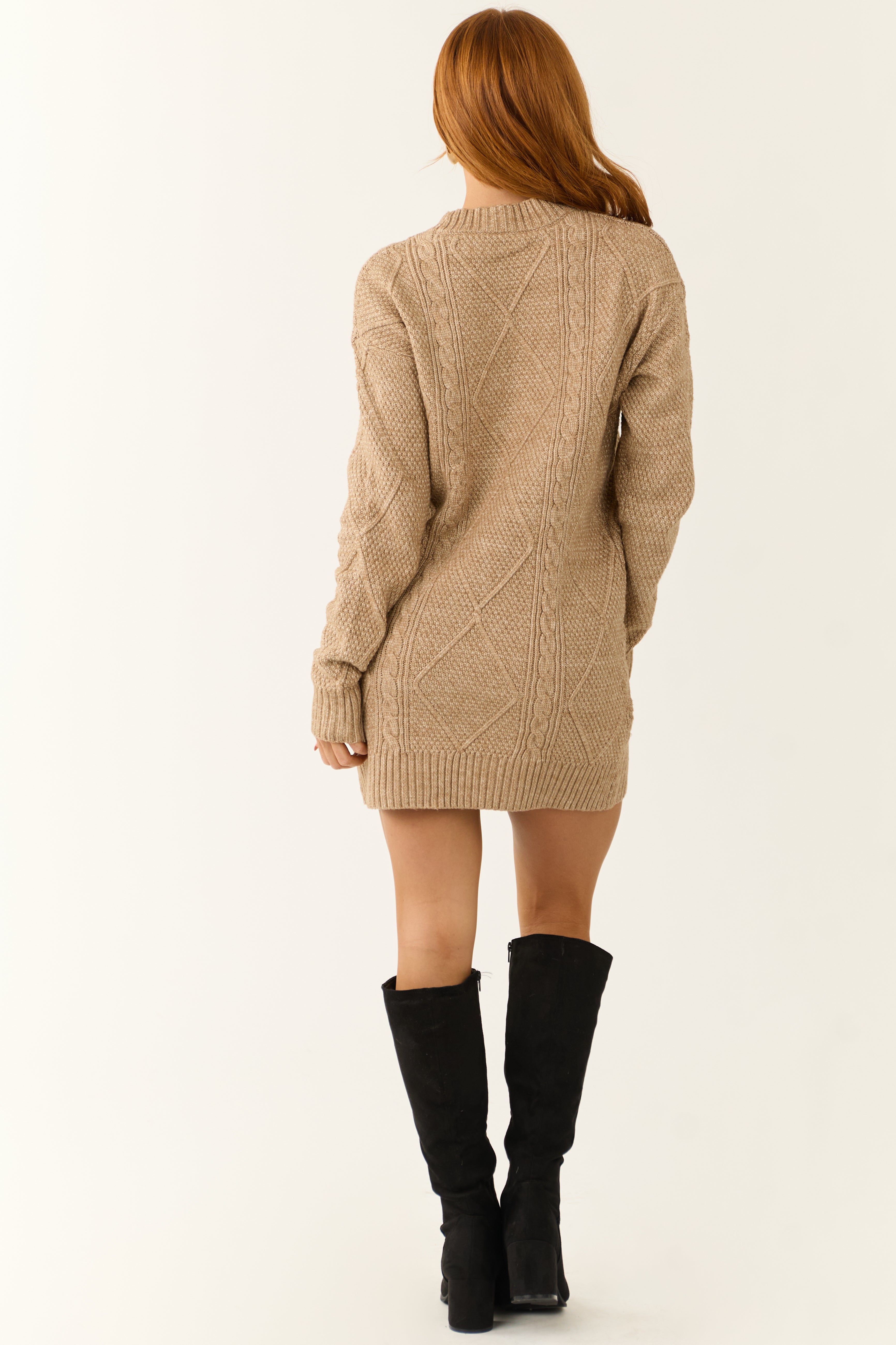 Latte Cable Knit Loose Fit Short Sweater Dress-Newayad