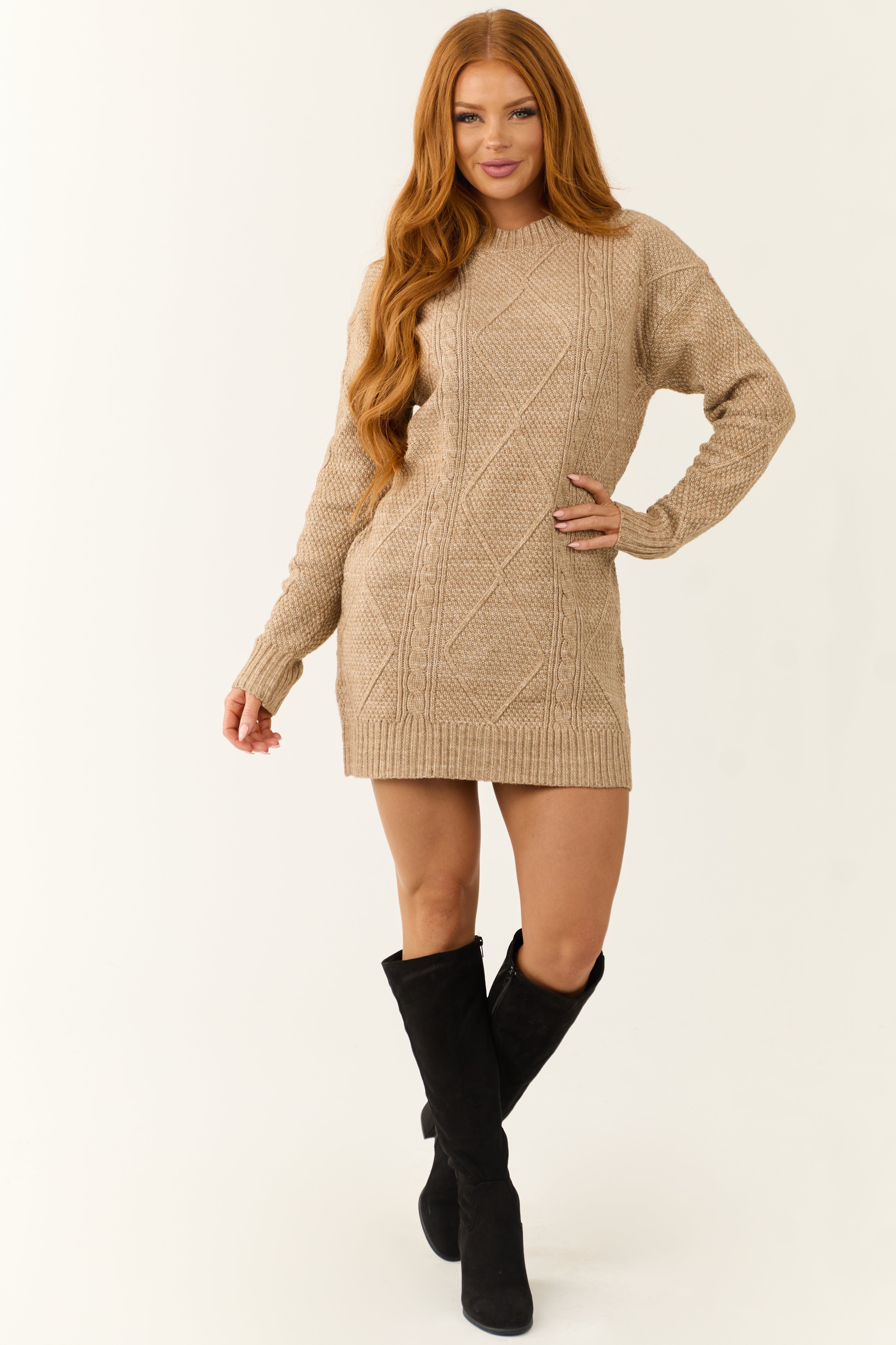 Latte Cable Knit Loose Fit Short Sweater Dress-Newayad