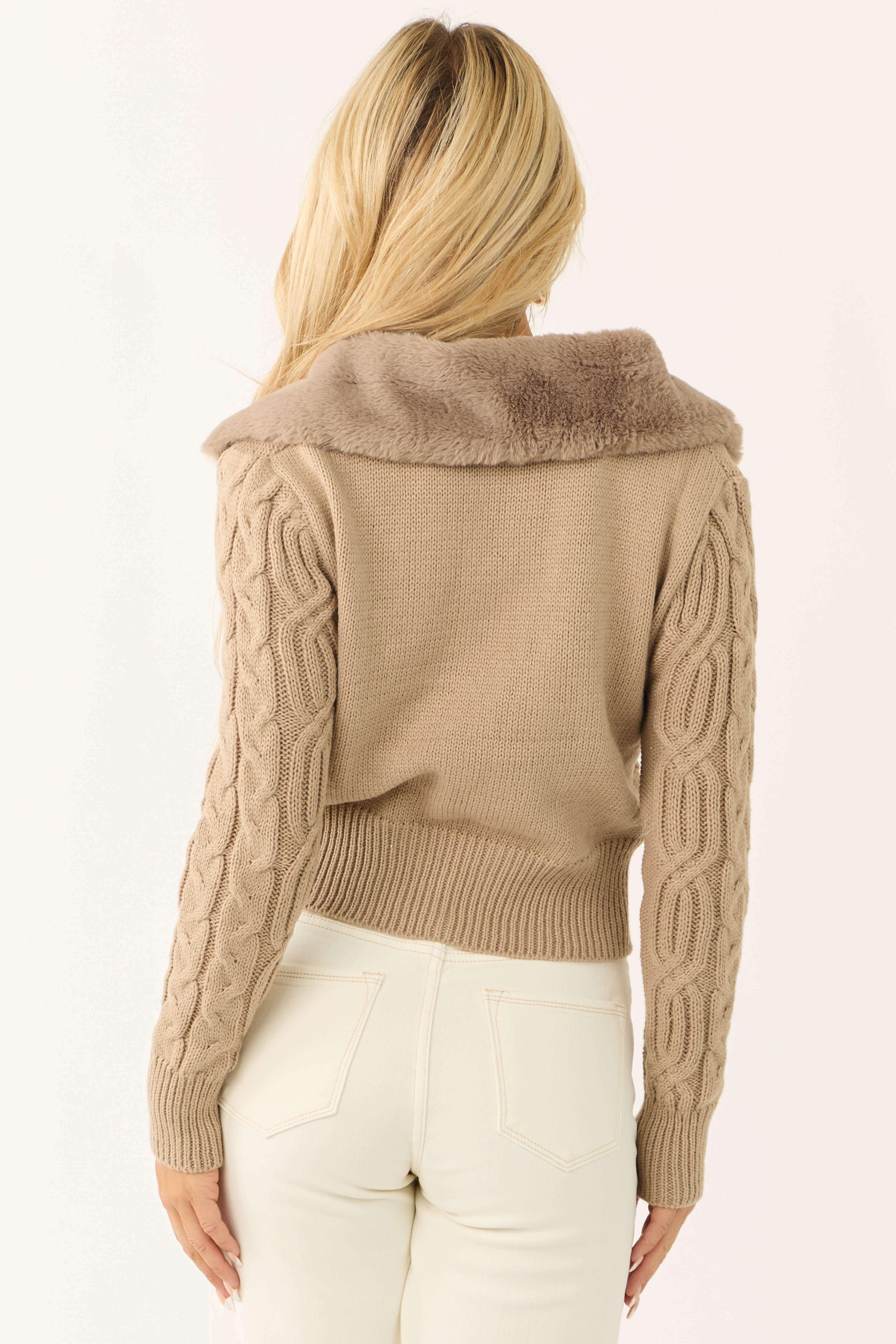 Latte Faux Fur Collar Cable Knit Cardigan-Newayad