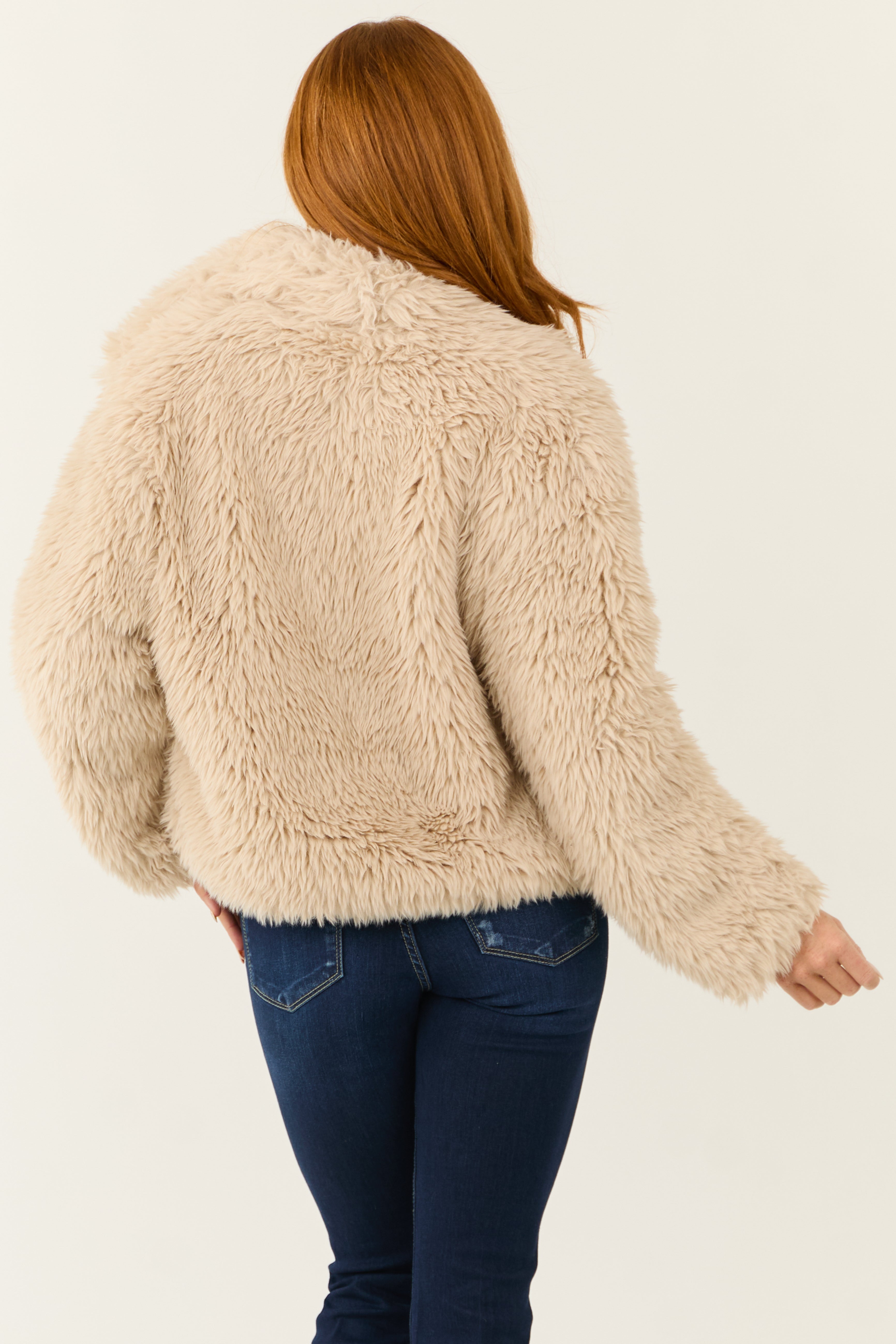 Latte Faux Fur Long Sleeve Snap Button Jacket-Newayad