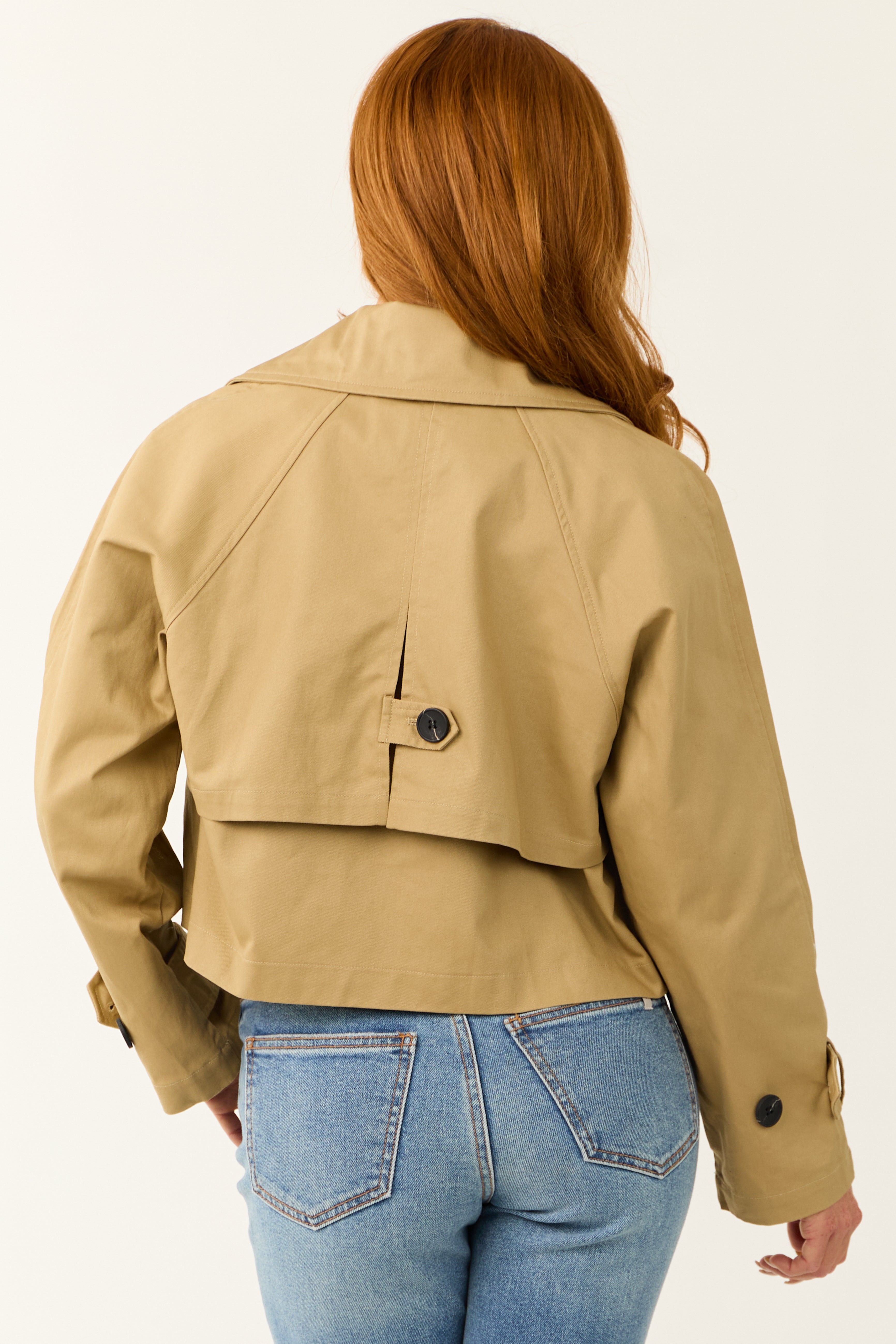 Latte Long Sleeve Buttoned Crop Trench Jacket-Newayad