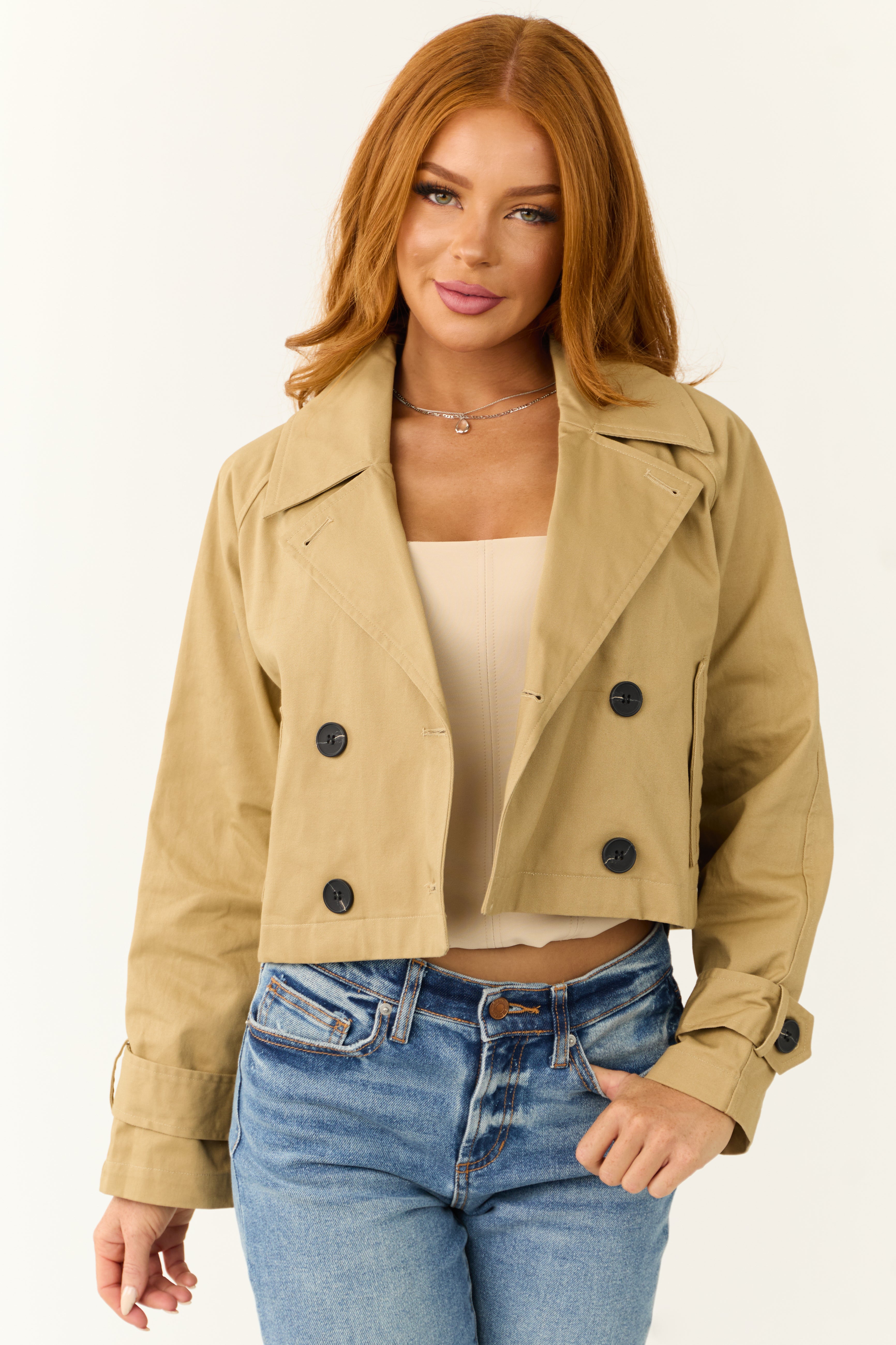 Latte Long Sleeve Buttoned Crop Trench Jacket-Newayad