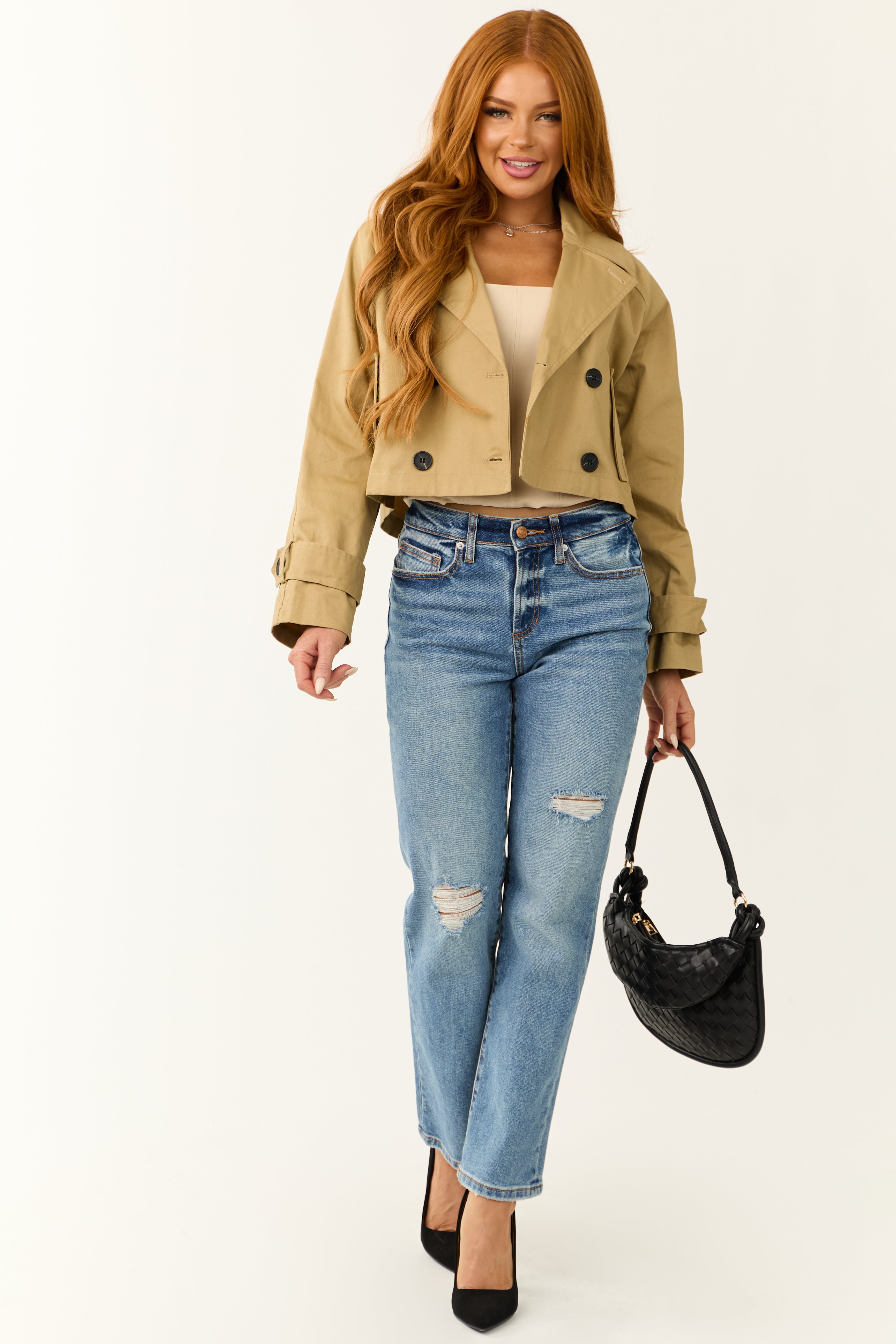 Latte Long Sleeve Buttoned Crop Trench Jacket-Newayad