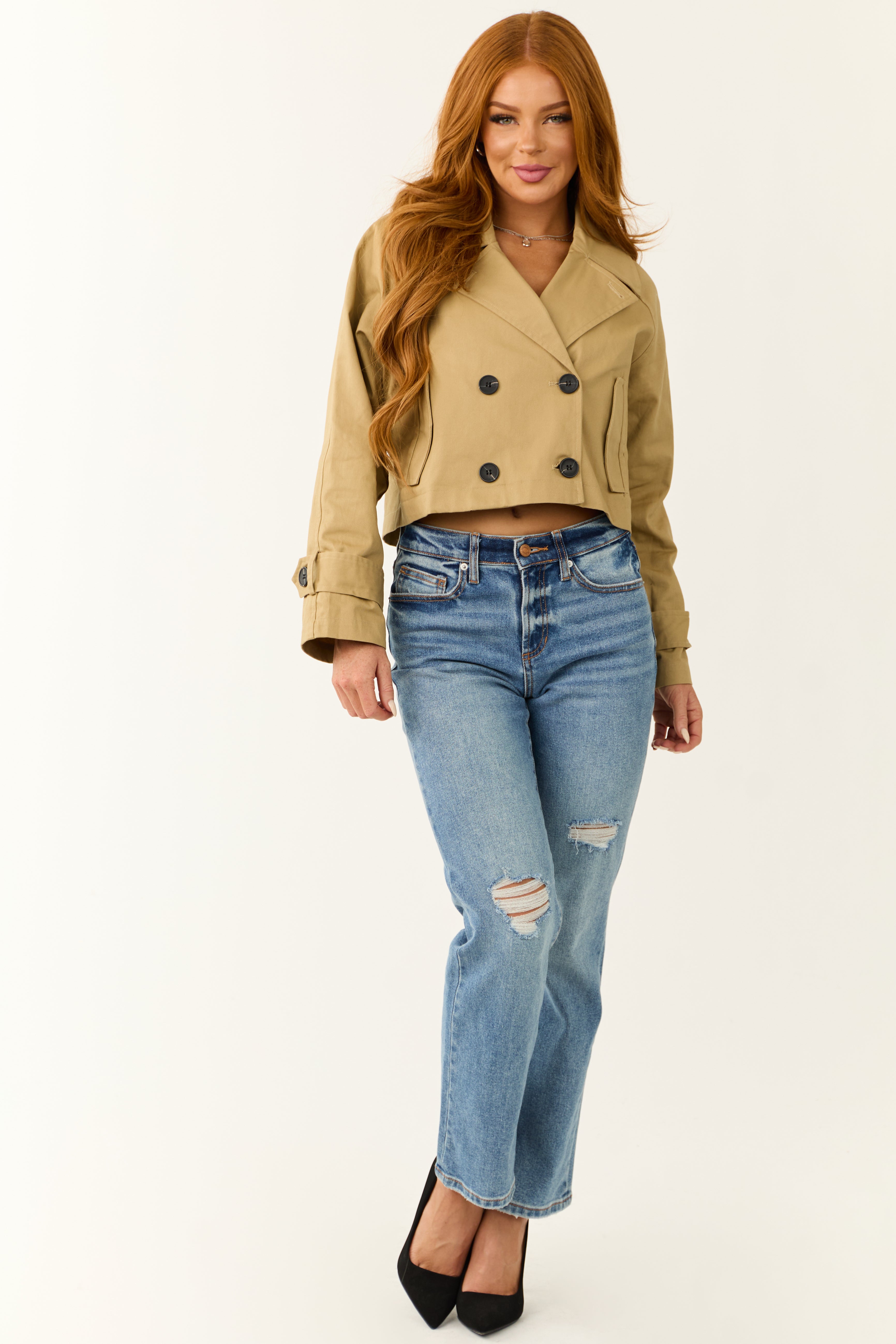 Latte Long Sleeve Buttoned Crop Trench Jacket-Newayad