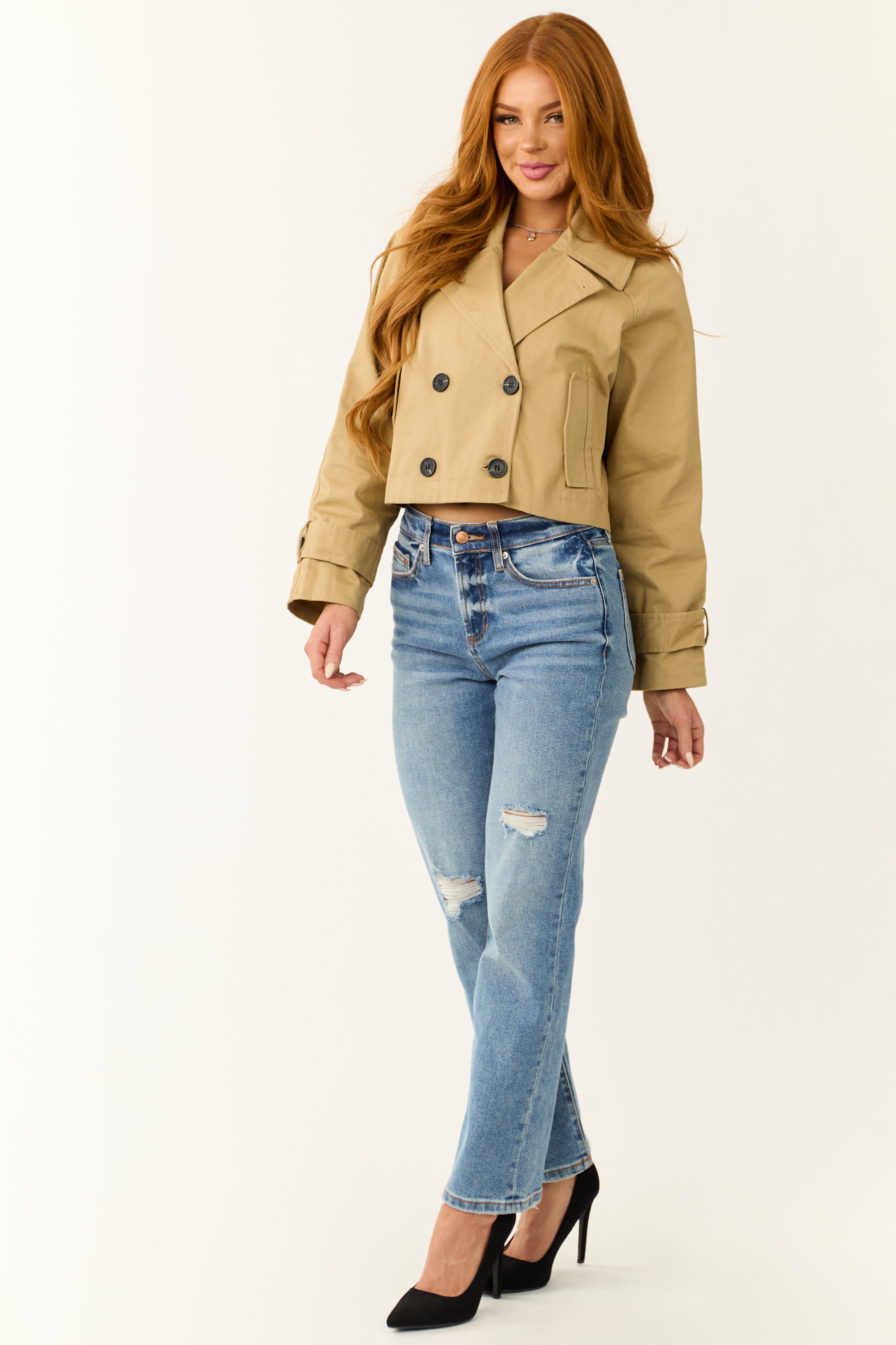 Latte Long Sleeve Buttoned Crop Trench Jacket-Newayad