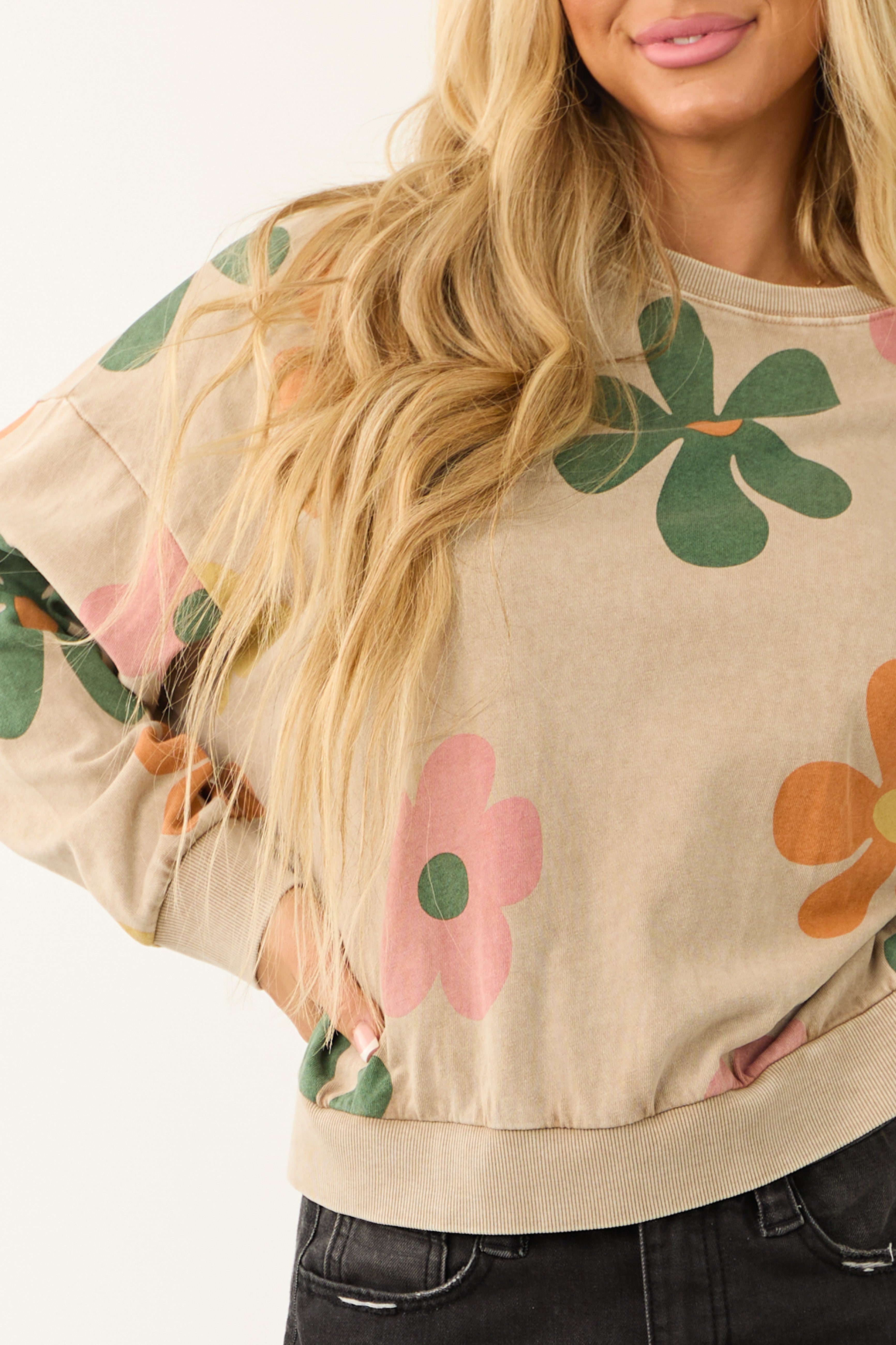 Latte Mineral Wash Flower Print Sweatshirt-Newayad