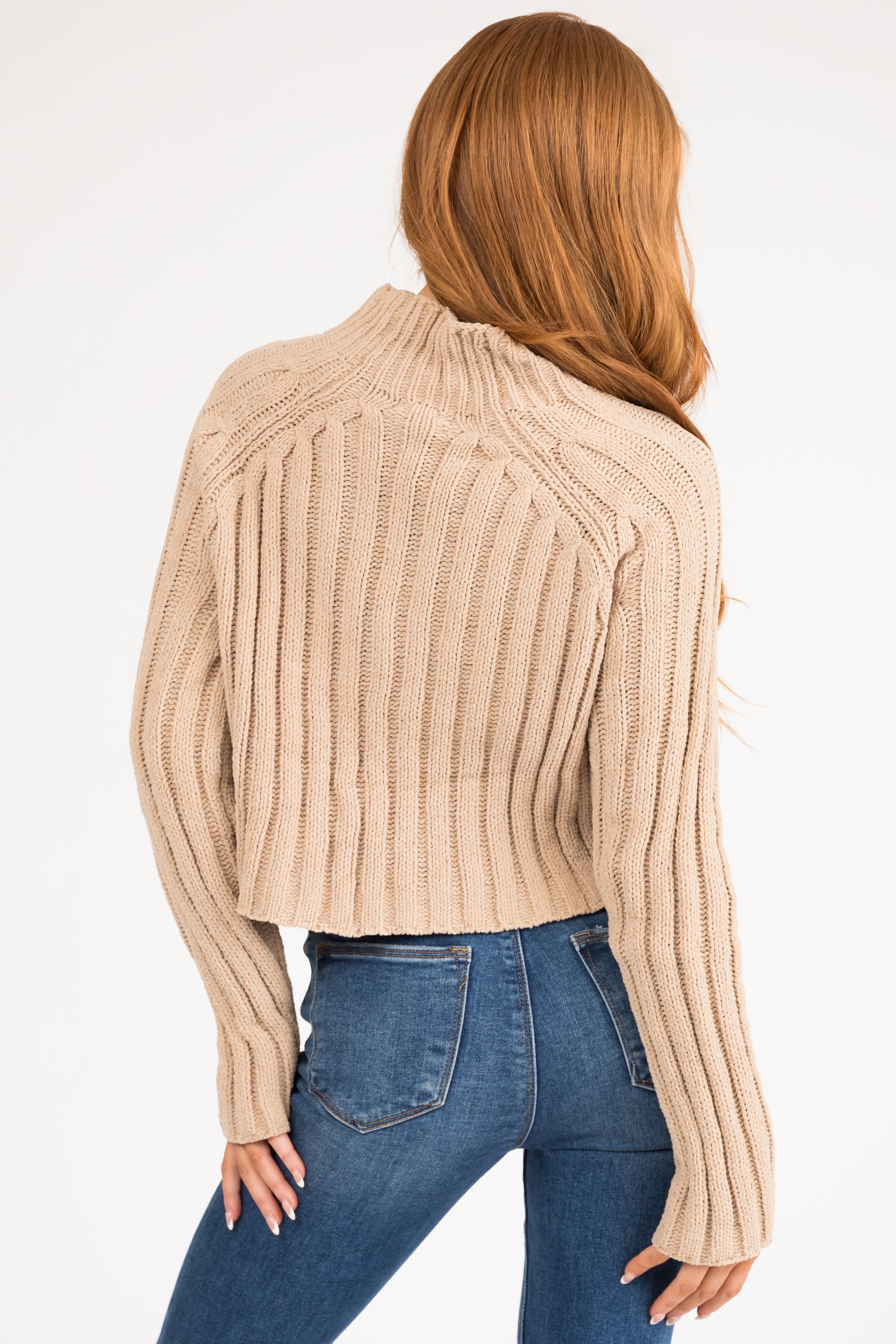 Latte Mock Neck Cropped Chenille Sweater-Newayad