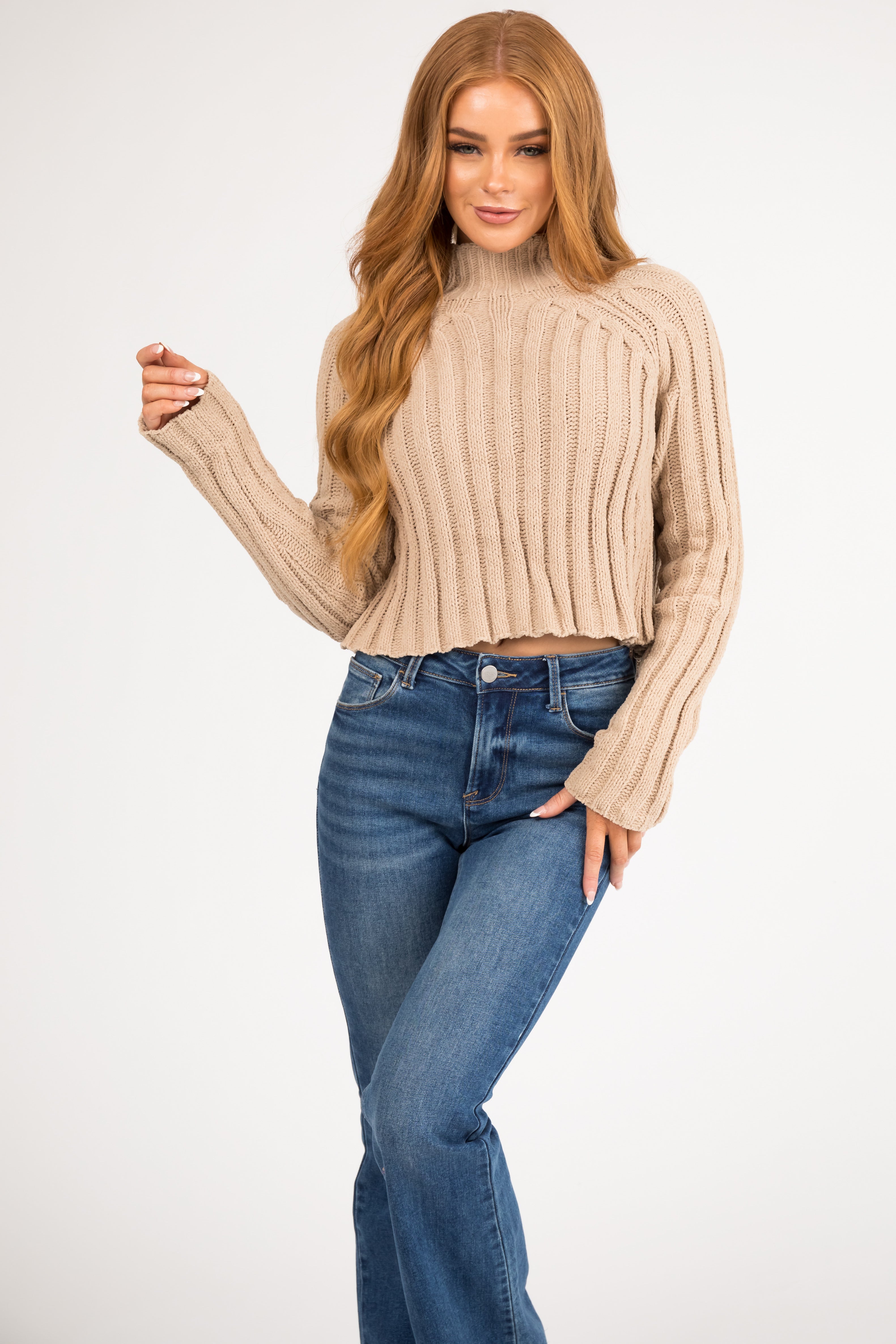 Latte Mock Neck Cropped Chenille Sweater-Newayad
