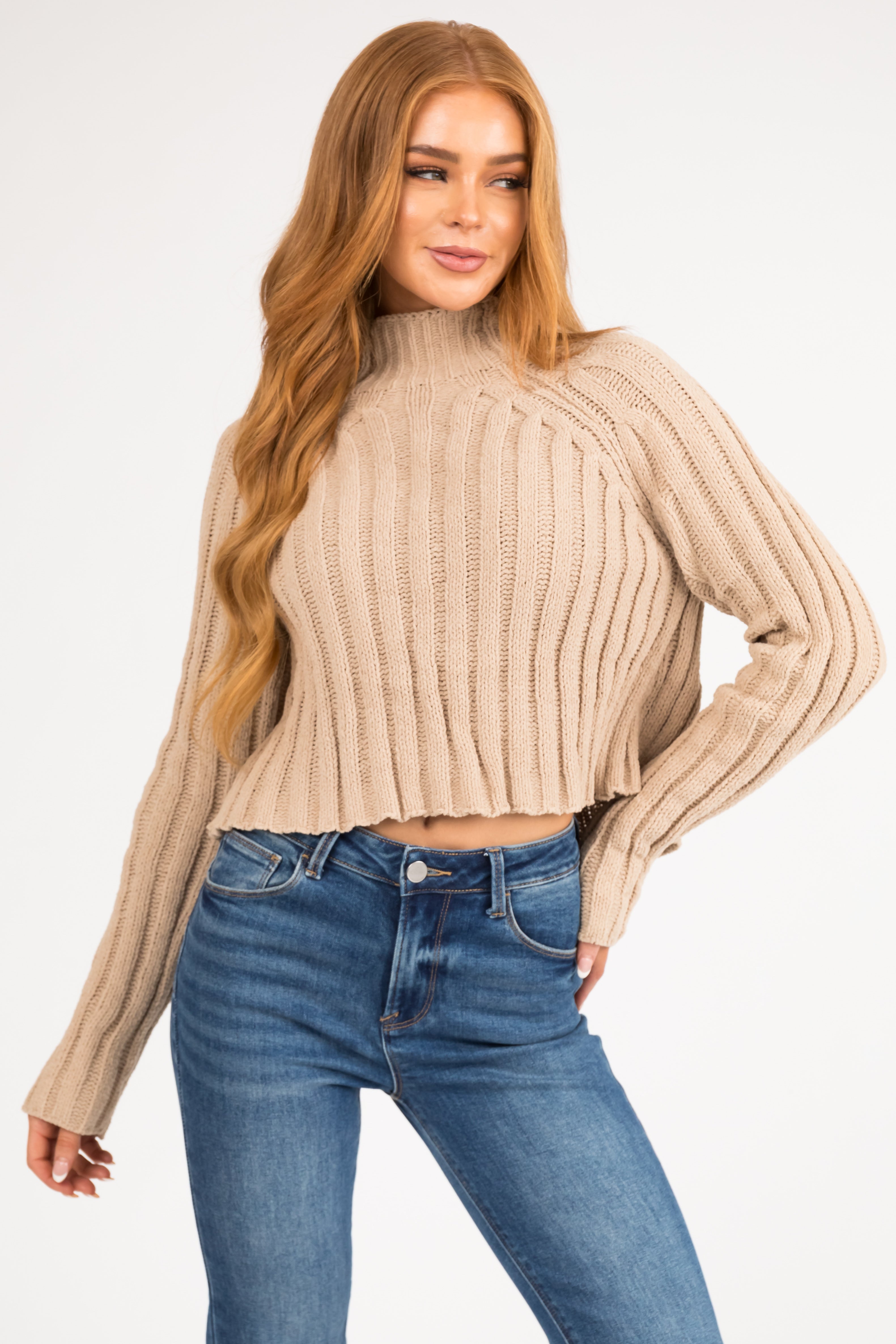 Latte Mock Neck Cropped Chenille Sweater-Newayad