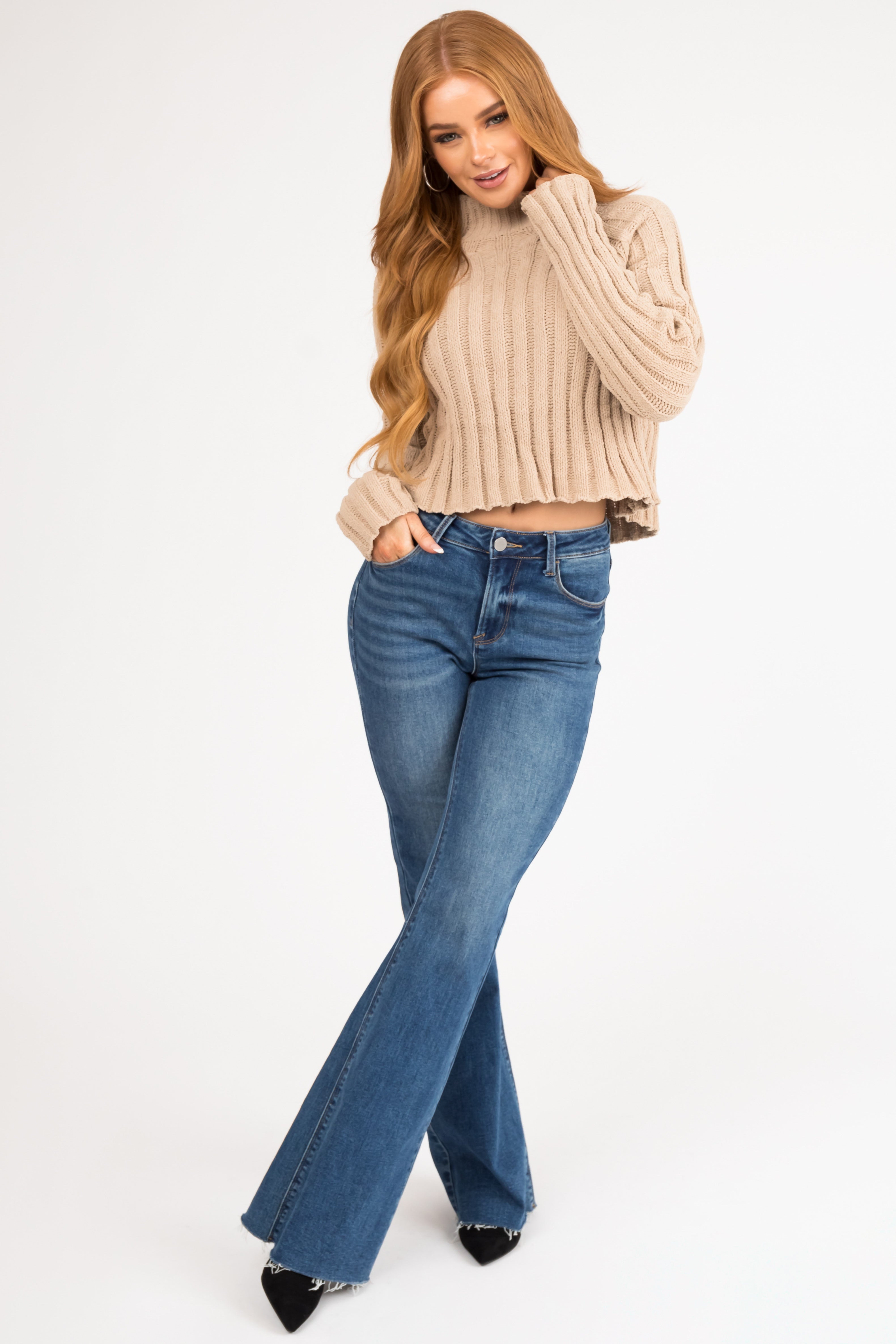 Latte Mock Neck Cropped Chenille Sweater-Newayad