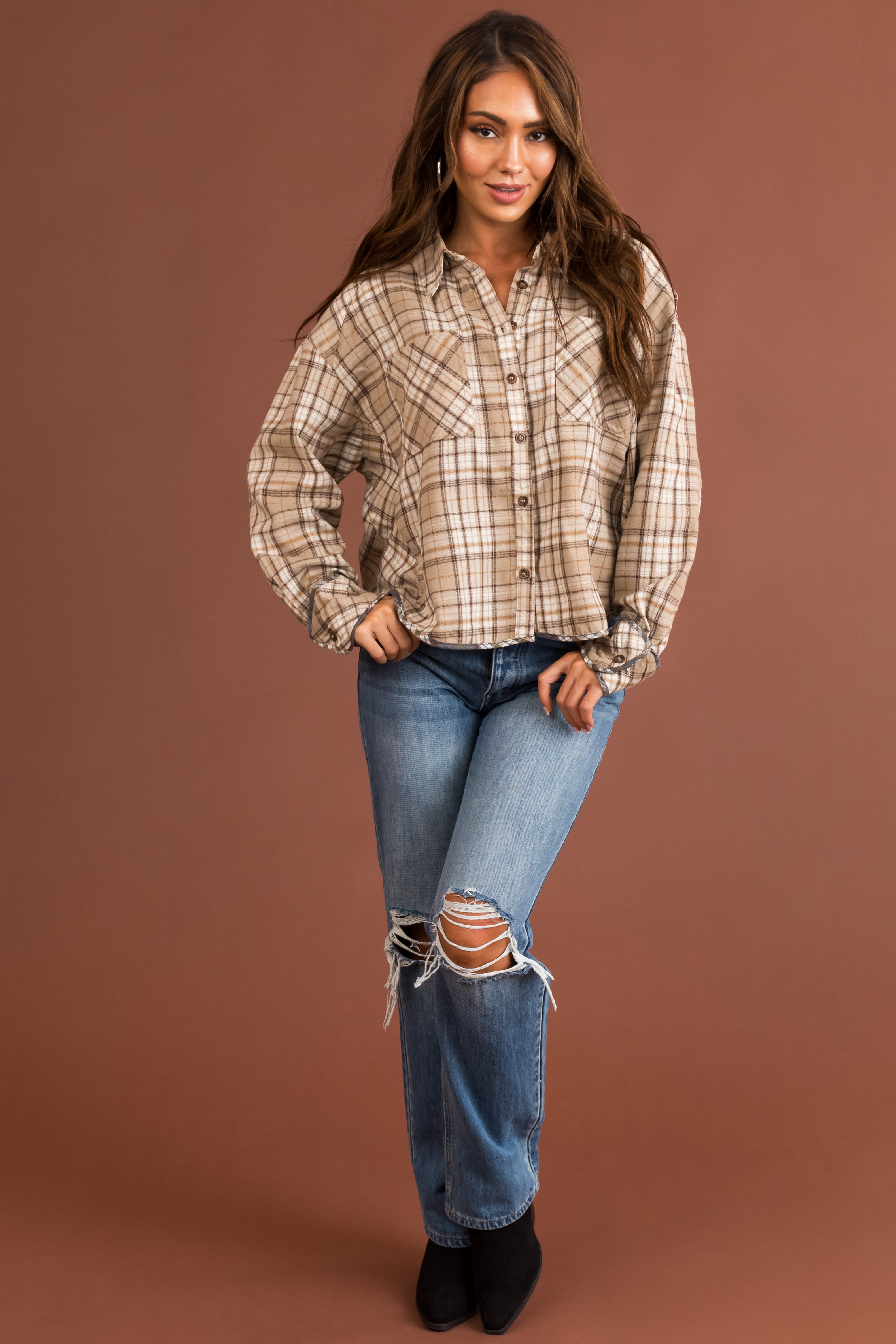 Latte Plaid Double Chest Pocket Soft Flannel-Newayad