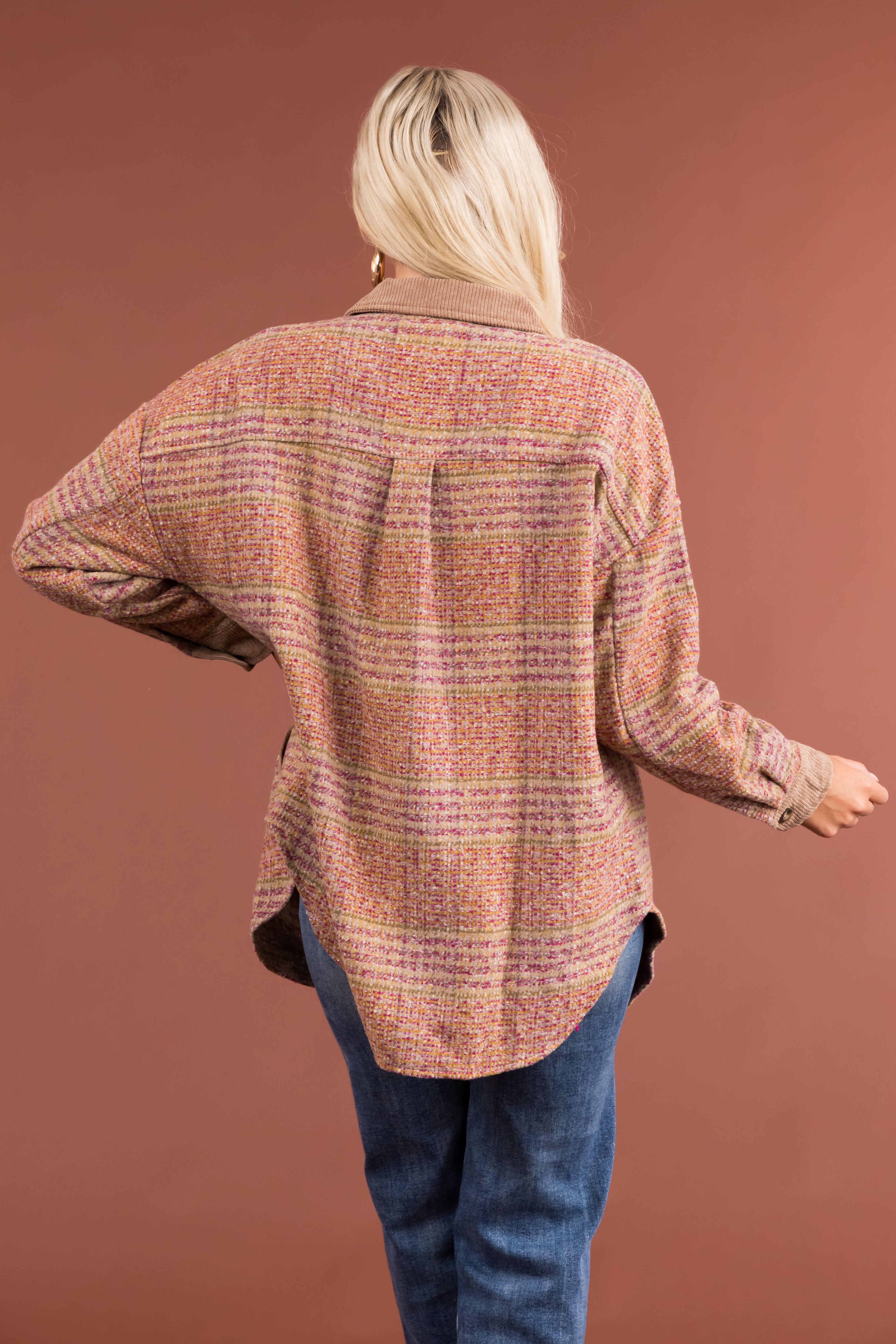 Latte Plaid Multicolor Corduroy Contrast Shacket-Newayad