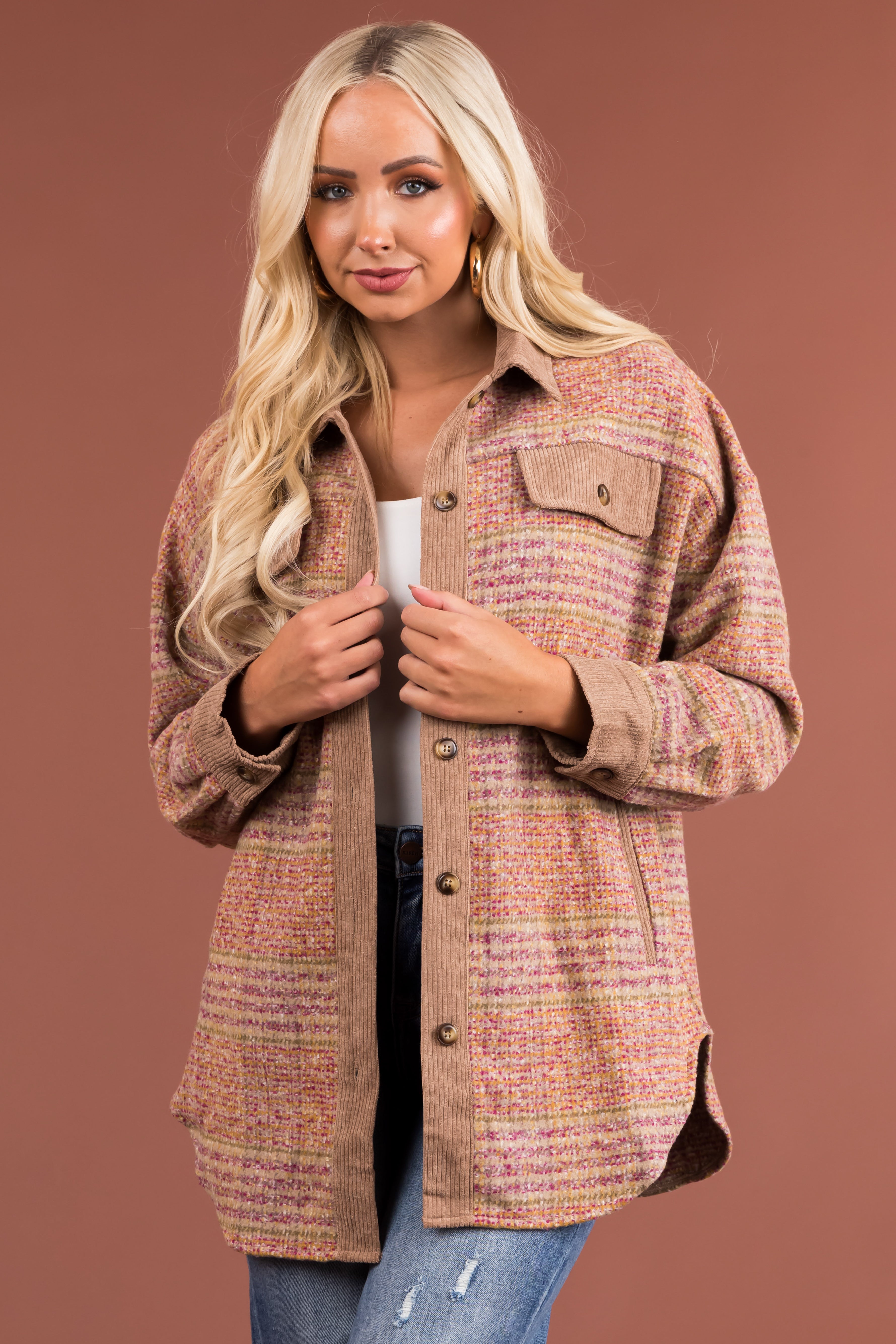 Latte Plaid Multicolor Corduroy Contrast Shacket-Newayad
