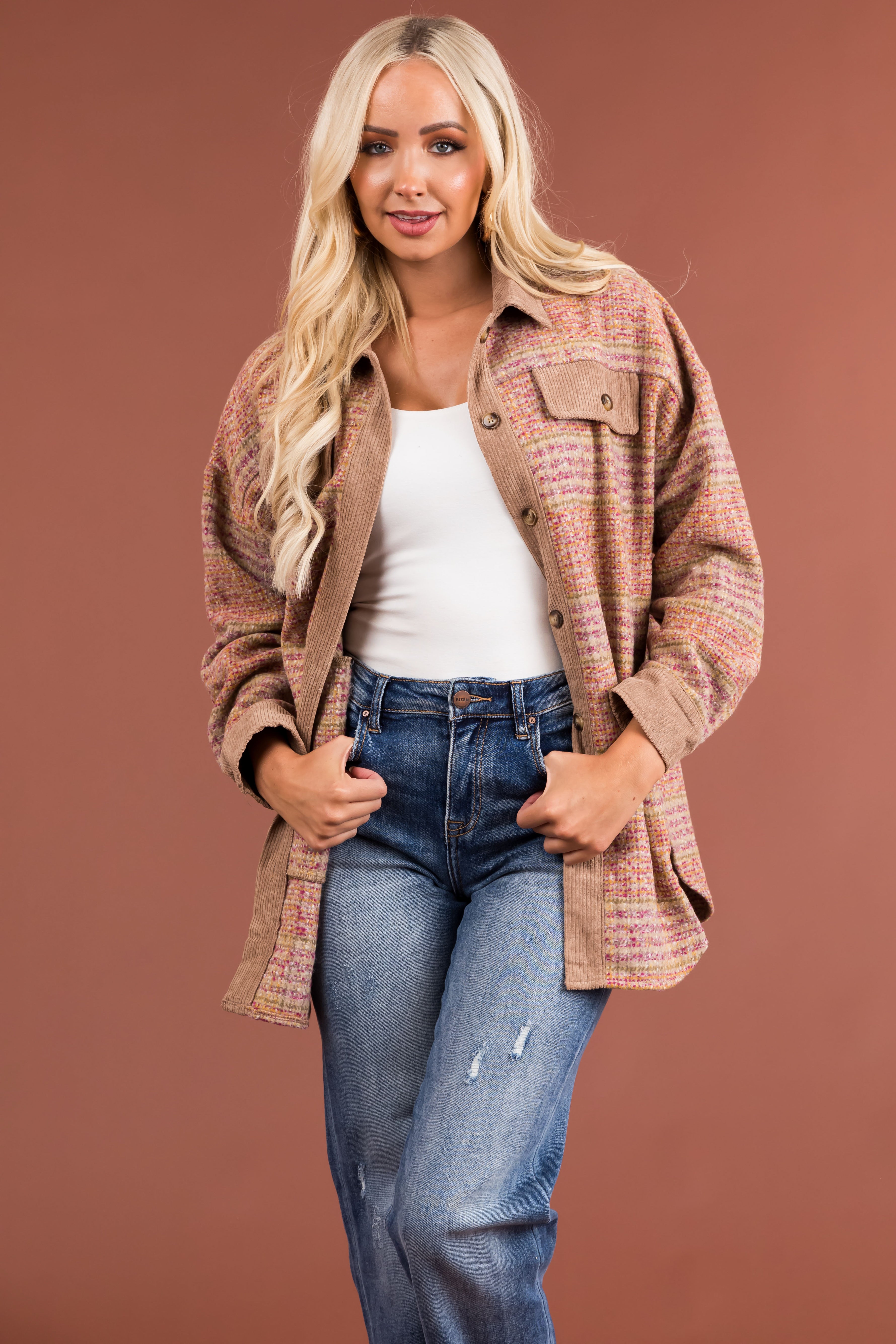 Latte Plaid Multicolor Corduroy Contrast Shacket-Newayad