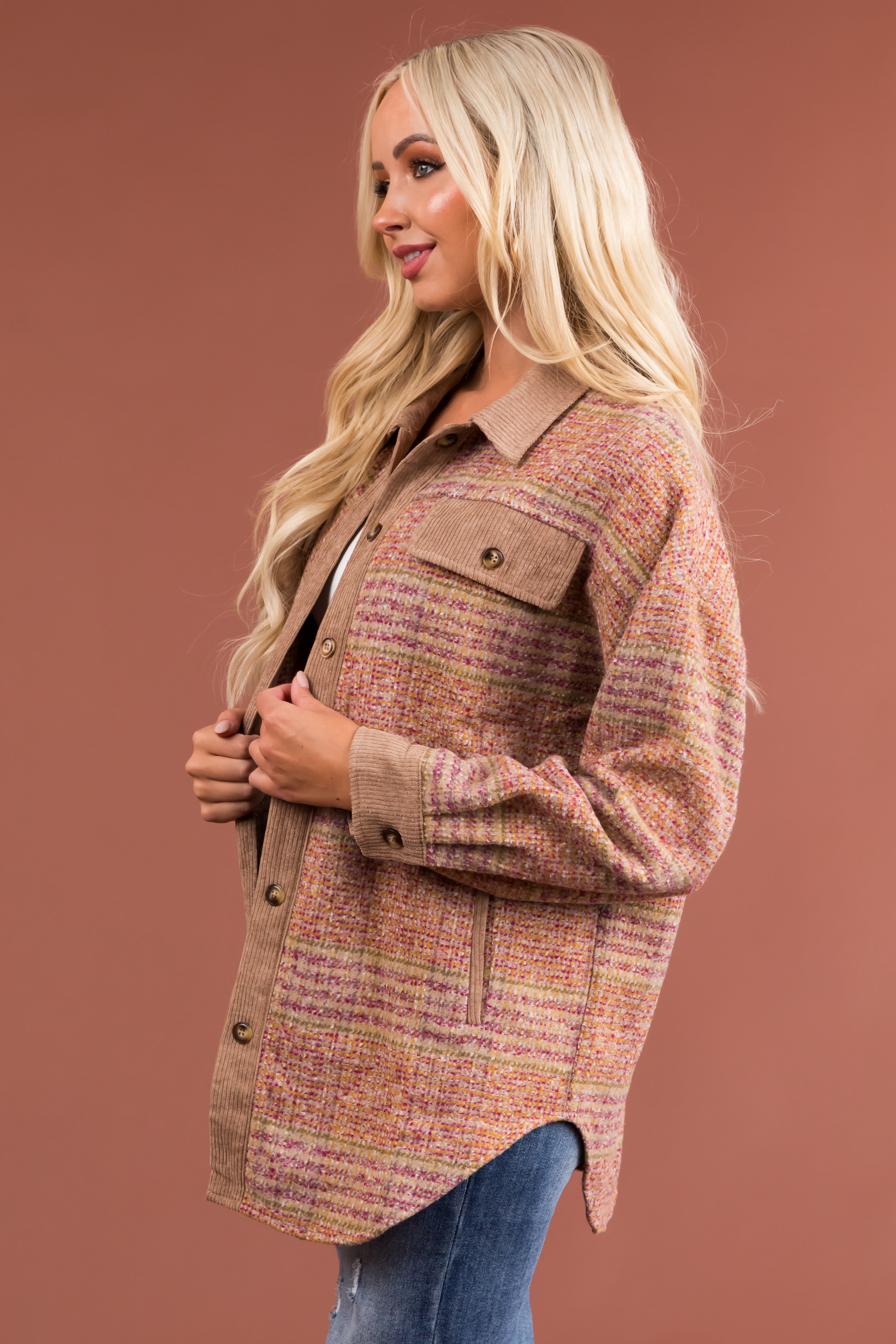 Latte Plaid Multicolor Corduroy Contrast Shacket-Newayad