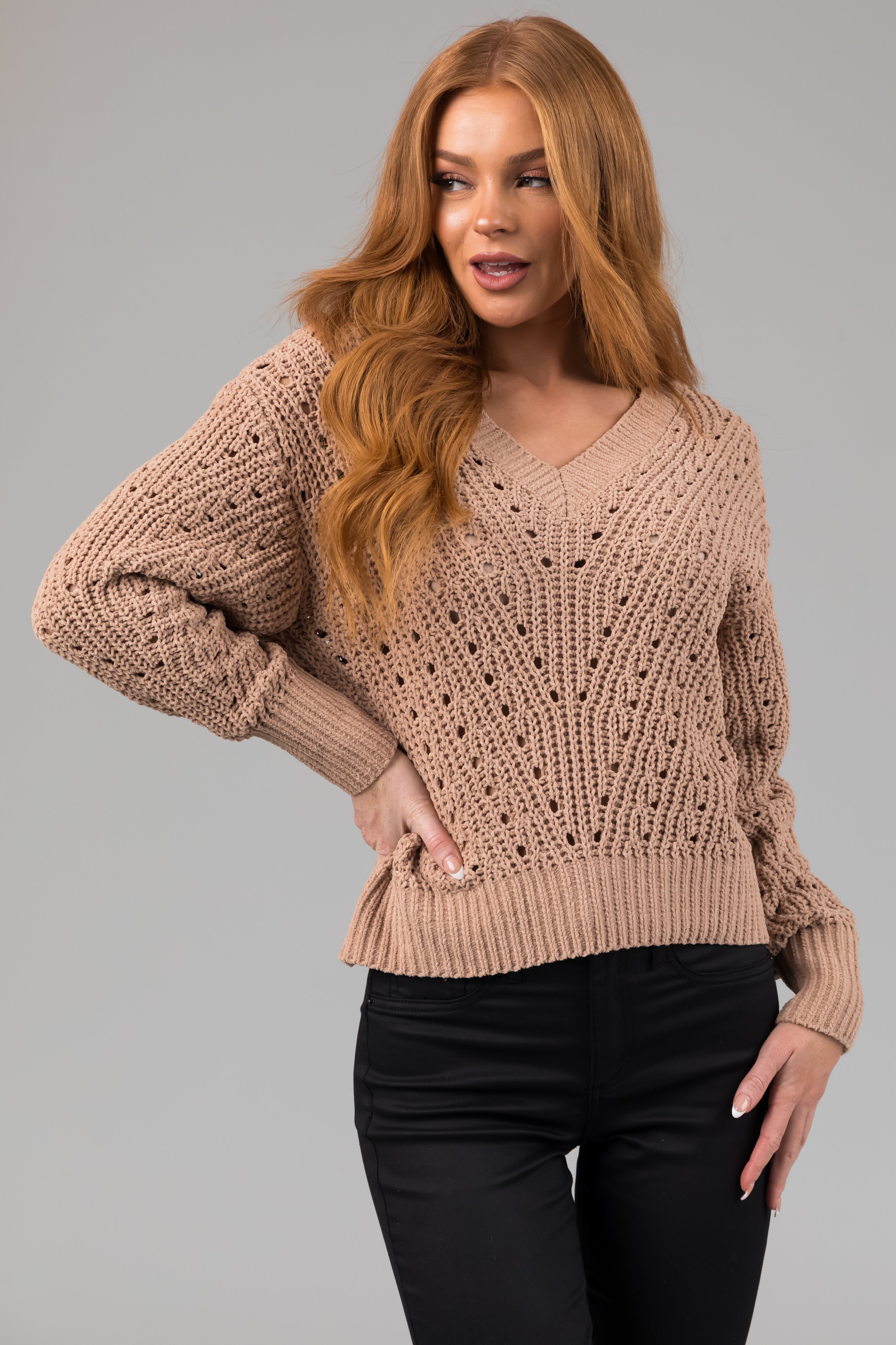 Latte Pointelle Cut Out Chenille Sweater-Newayad