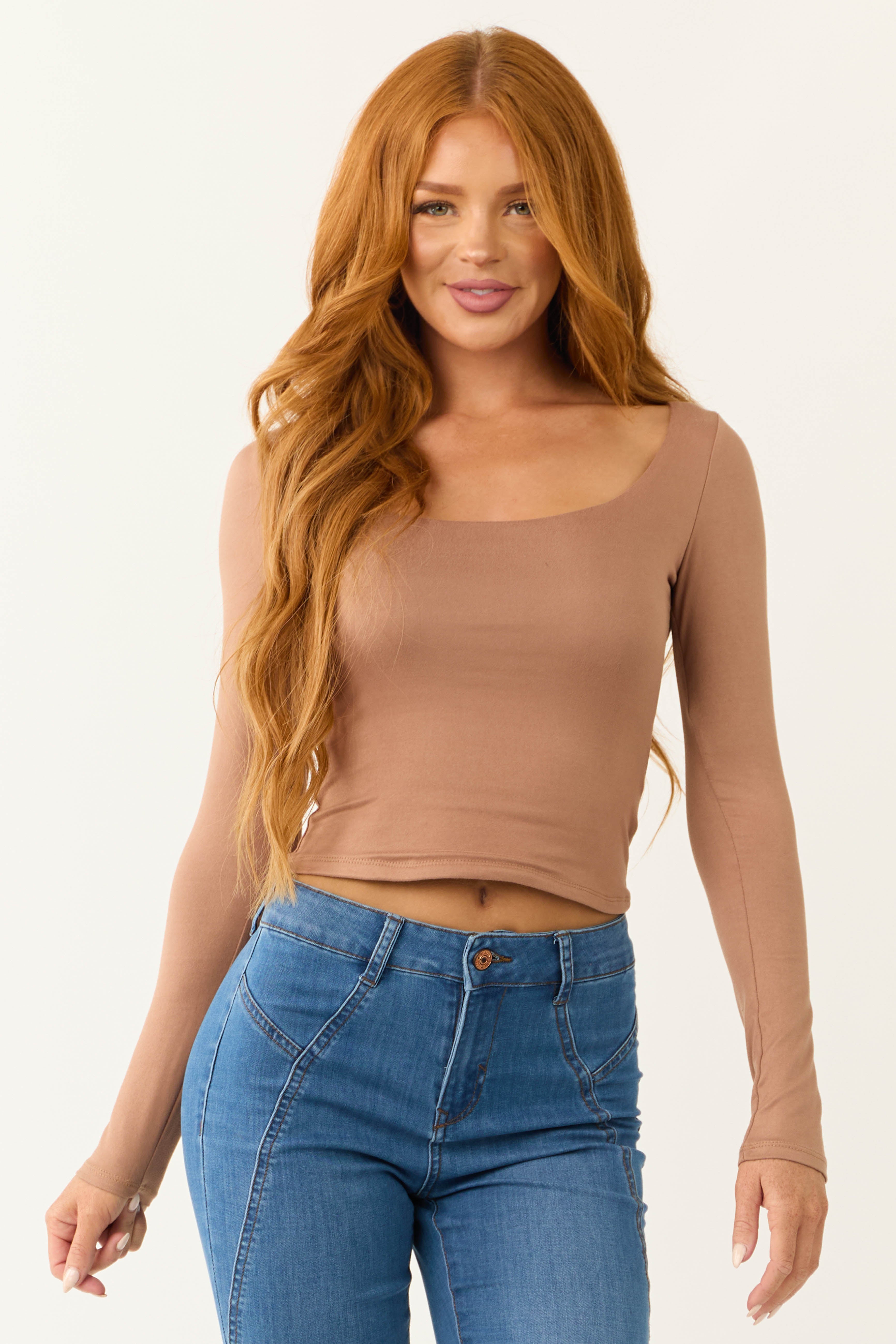 Latte Scoop Neck Long Sleeve Crop Top-Newayad